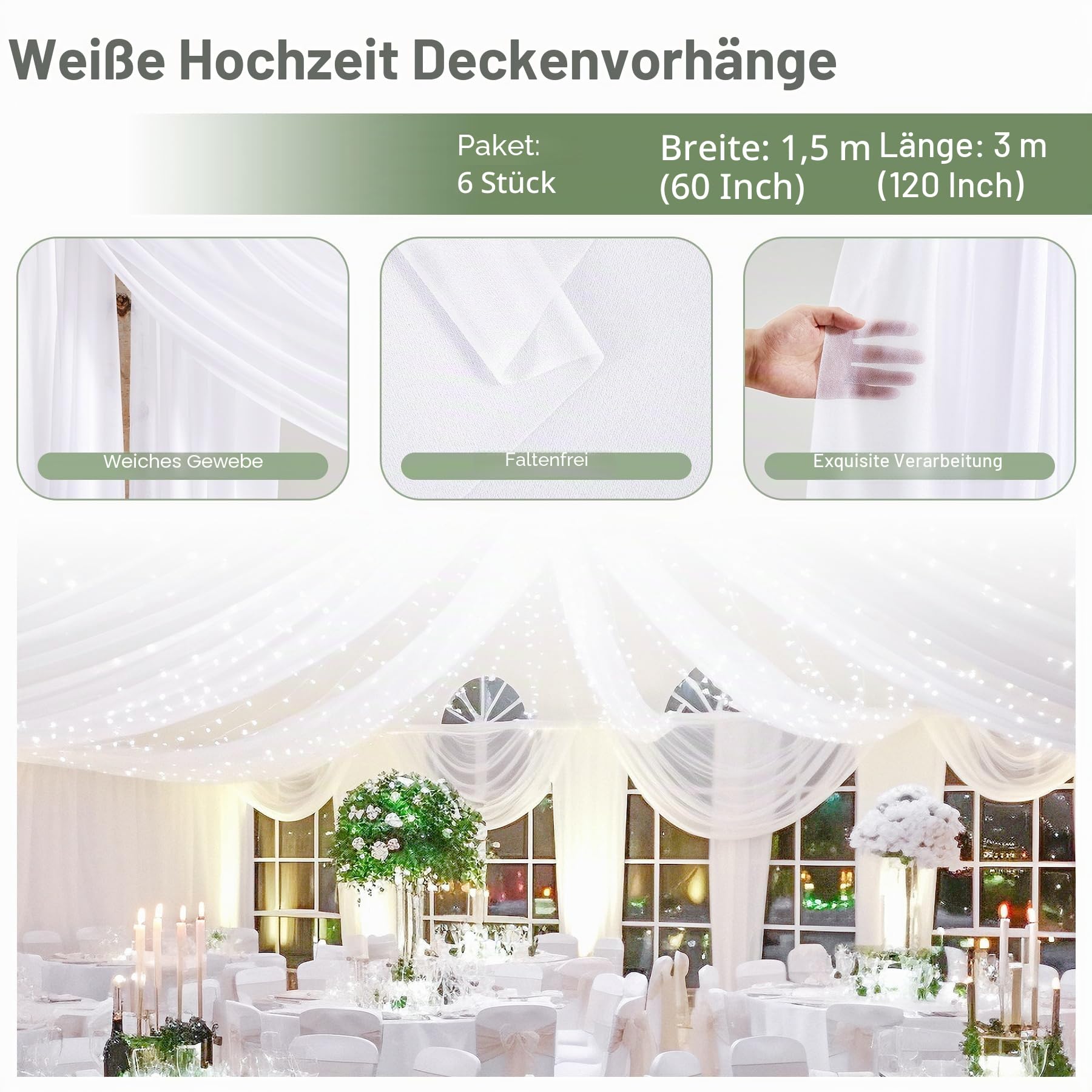 6 Paneele weiße Deckenvorhänge mit Lichtern für Hochzeiten, Deckenvorhänge, 1,5 x 3 m, Hochzeitsfoto-Hintergründe, durchsichtige Vorhänge, Tüll, Zeltvorhänge, Hochzeitsdekorationen für Party
