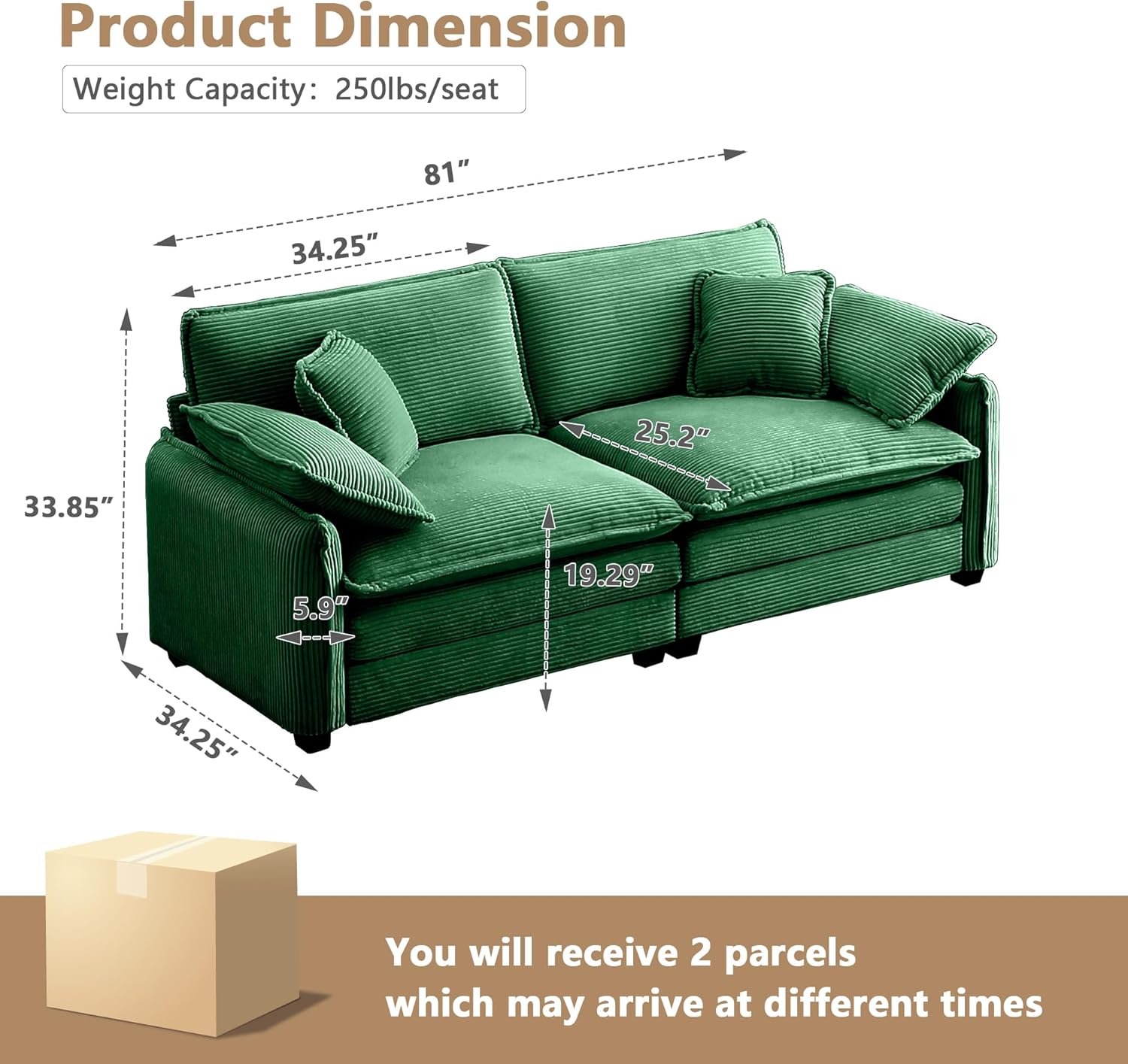 Modern Modular Sectional Sofa, 81" Oversized Upholstered Corduroy Loveseat Sofa, Comfy Cloud Deep Seat 2-Seater Sofa with Armrest and Throw Pillows for Living Room Bedroom Apartment, Green