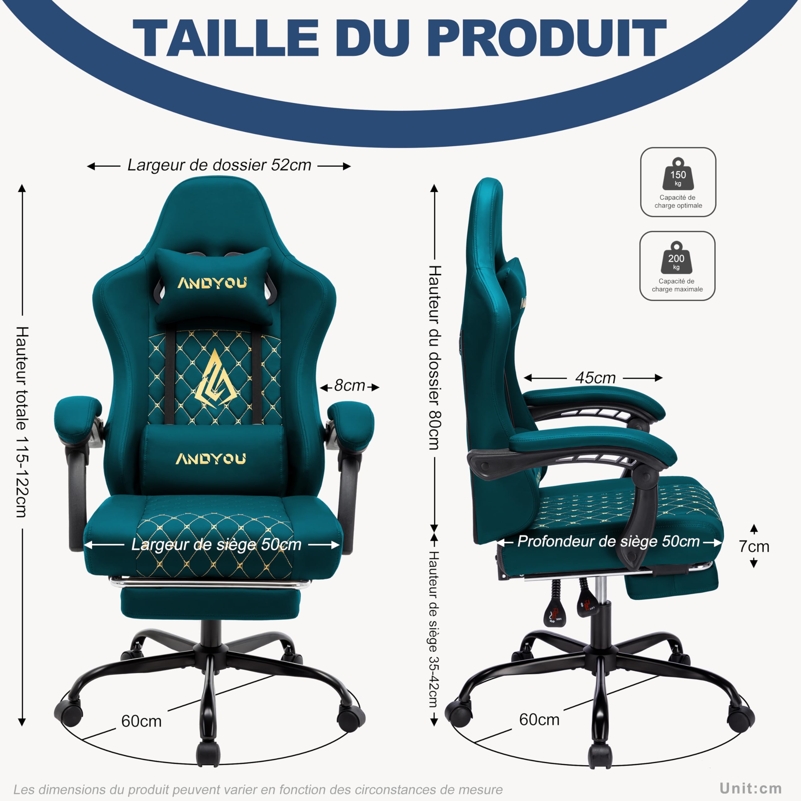 Andyou Chaise de Gamer Ergonomique, Chaise Gaming avec Soutien Lombaire Repose-Pieds, Fauteuil de Bureau réglable et pivotant capacité de Charge 150 kg, Cuir PU