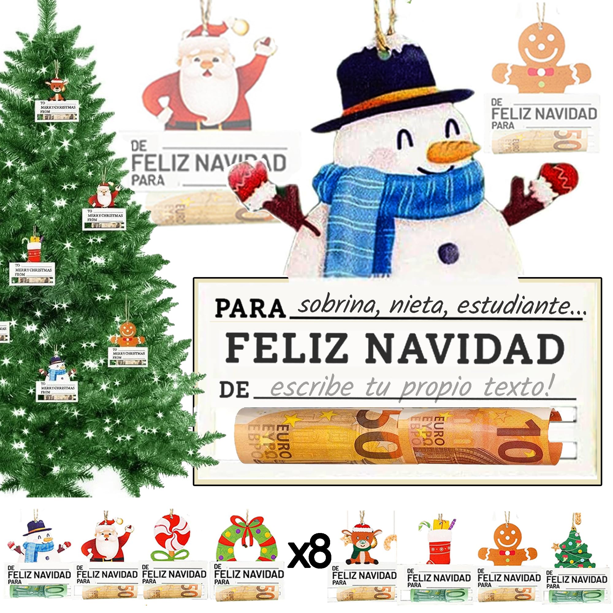Regalo Dinero Navidad. 8 Adornos arbol Navidad, Decoracion arbol de Navidad, Regalo Navidad, Adornos arbol Navidad Madera, Adorno Navidad Personalizado, Regalos Originales Navidad, Reyes Magos