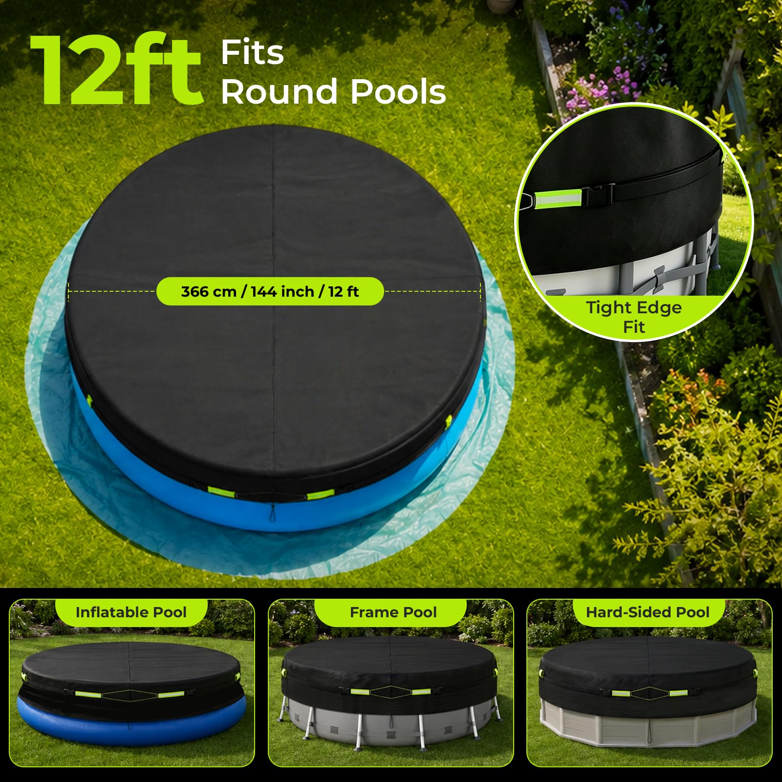 Durchmesser 366 cm Pool Abdeckung Rund, Poolabdeckung Windfest und Reißfest | 420D Oxford-Tuch mit UV-Beständigkeit Poolabdeckung Rund, Geeignet für Rundpools, Winter und Sommer
