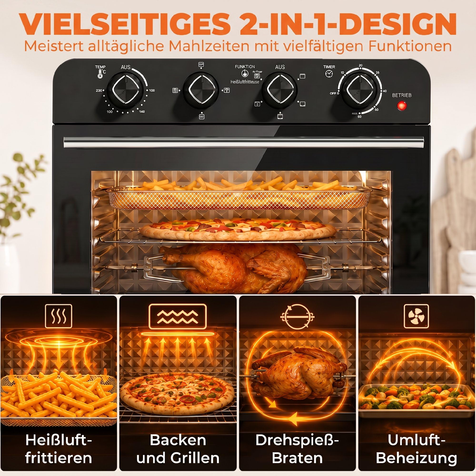 HOMCOM Heißluftfritteuse 36 Liter Mini Backofen mit Umluft, Backblech, Rost