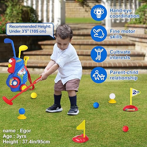 Miniatura 5 de Juego de golf para niños y niñas de 2, 3, 4, 5 años, carrito de golf mejorado para niños con 3 palos y 8 bolas, juguetes deportivos para interiores