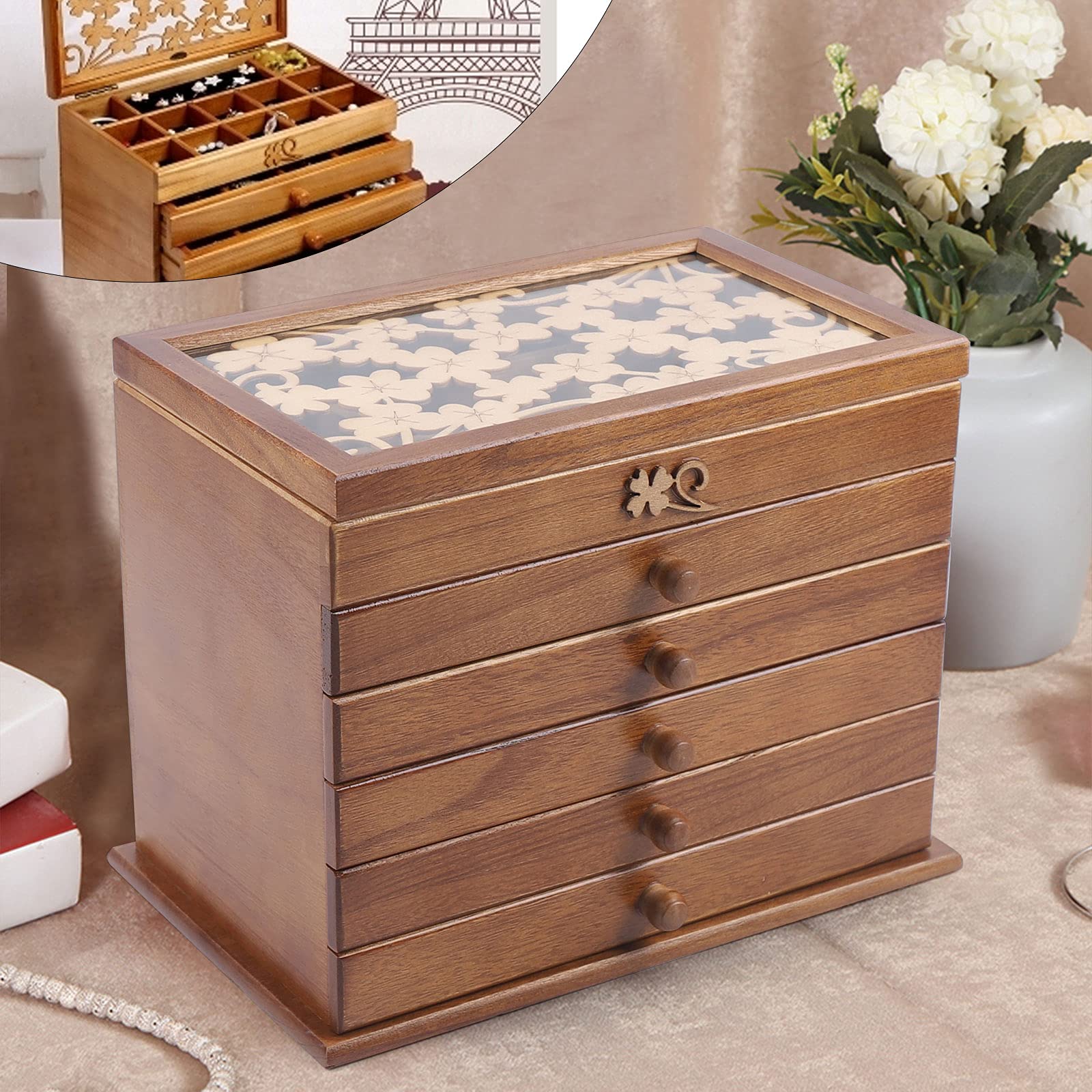 Joyero de madera de 6 capas, 6 niveles, con 5 cajones, joyero vintage, caja de joyería de madera, gran capacidad, organizador