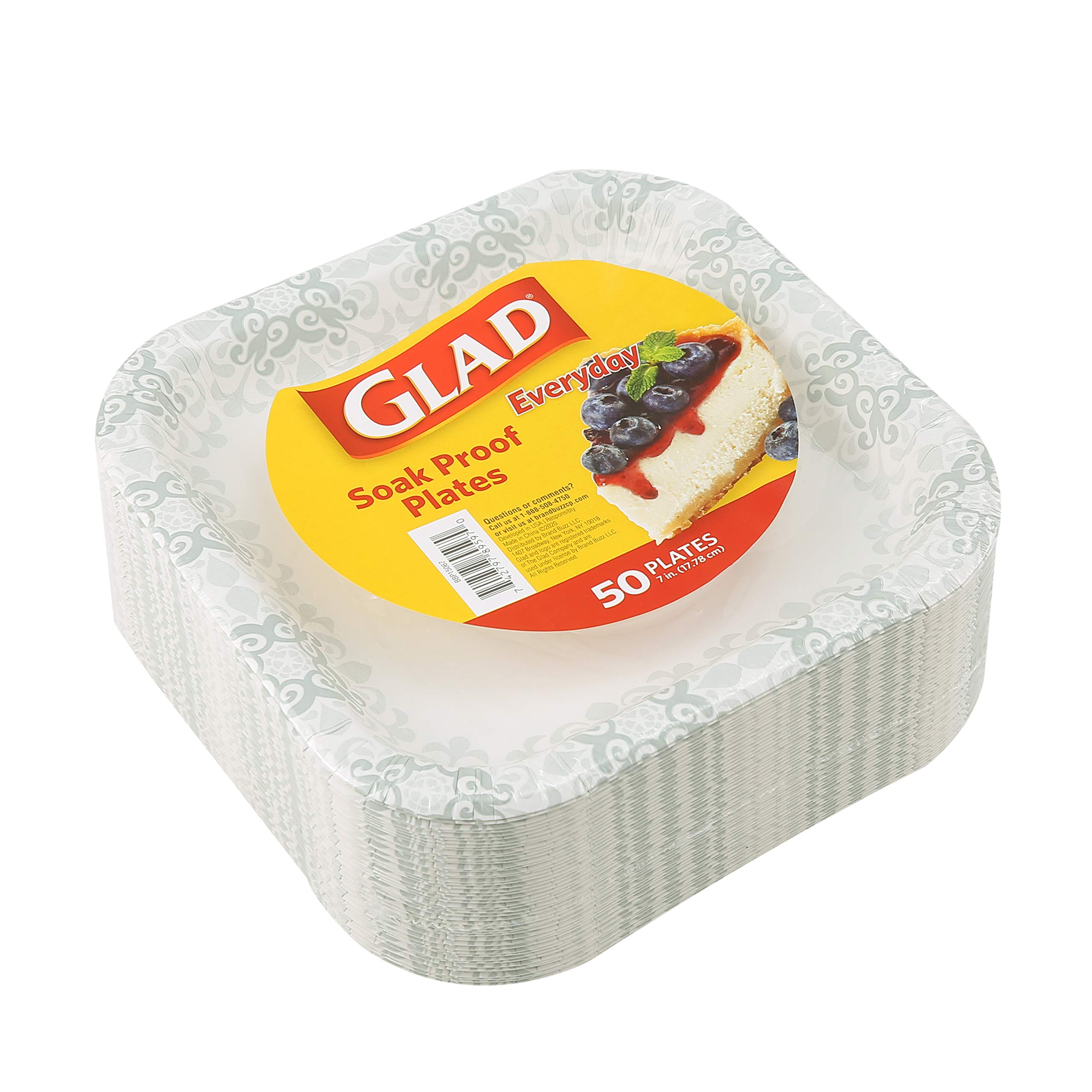 Glad Einweg-Pappteller mit grauem ViCountorian-Design, 17,8 cm, quadratische Pappteller für den täglichen Gebrauch, einweich- und schnittfest, mikrowellengeeignet, Pappteller, 12 x 50 Stück