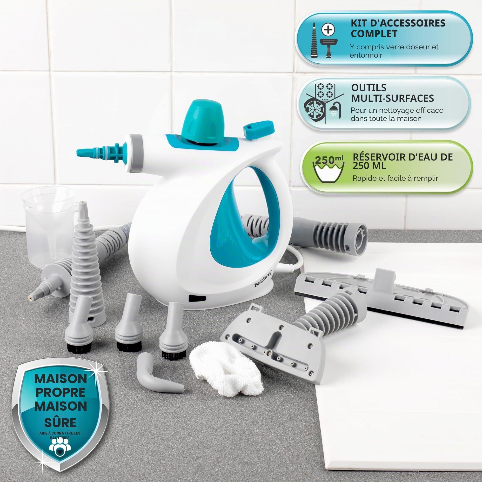 Beldray Nettoyeur Vapeur à Main 10-en-1 , Prise EU, Nettoyage et Désinfection Vapeur Multifonctionnel, Réservoir d'Eau de 250ml, Accessoires Nettoyage pour Rideaux, Salle de Bain, Cuisine etc, 1000W