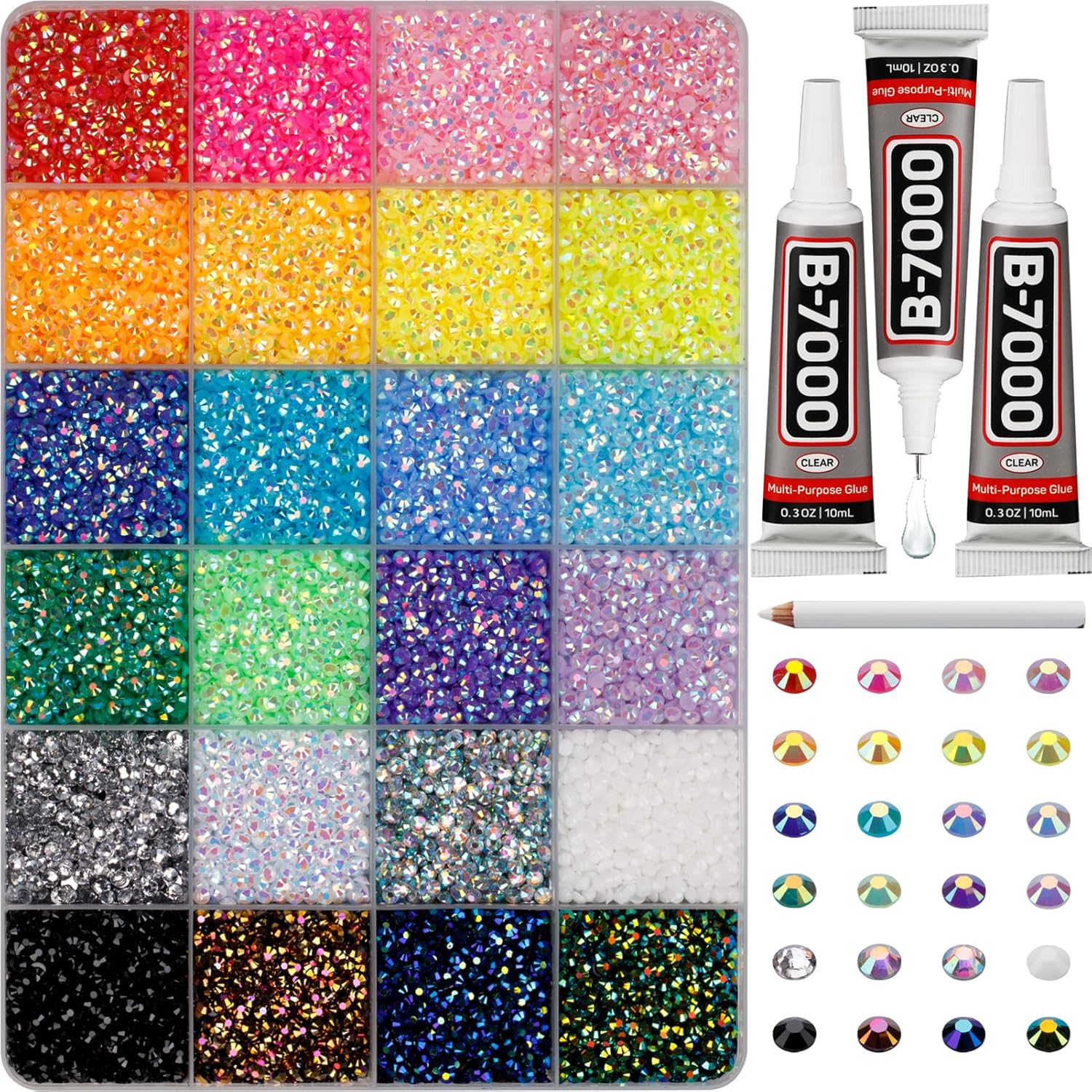 30000Pcs Resin Jelly Rhinestones for Crafting Bedazzling, Multicolor 3mm Flatback Gems for Crafts Clothing Clothes Tumblers Shoes Nails, Flat Back Mixed Color Bulk Bedazzler Kit Jewels with b7000 Glue