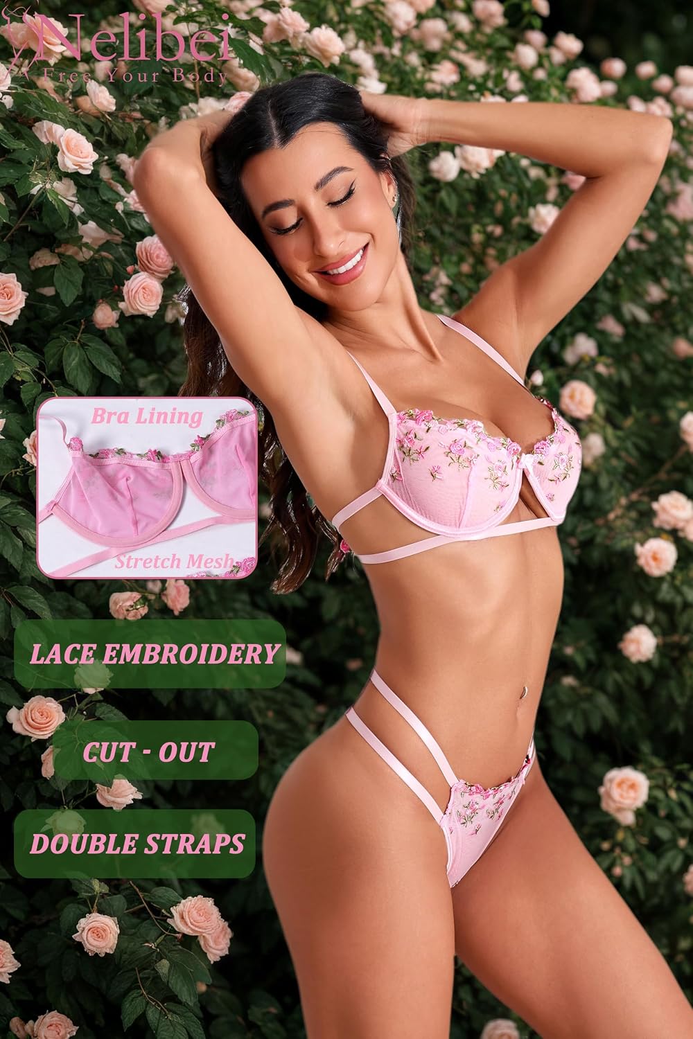 2 Piece Sexy Lingerie for Women, Embroidered Push Up Bra and Panty Set,Cut-Out Lingerie Set for Women