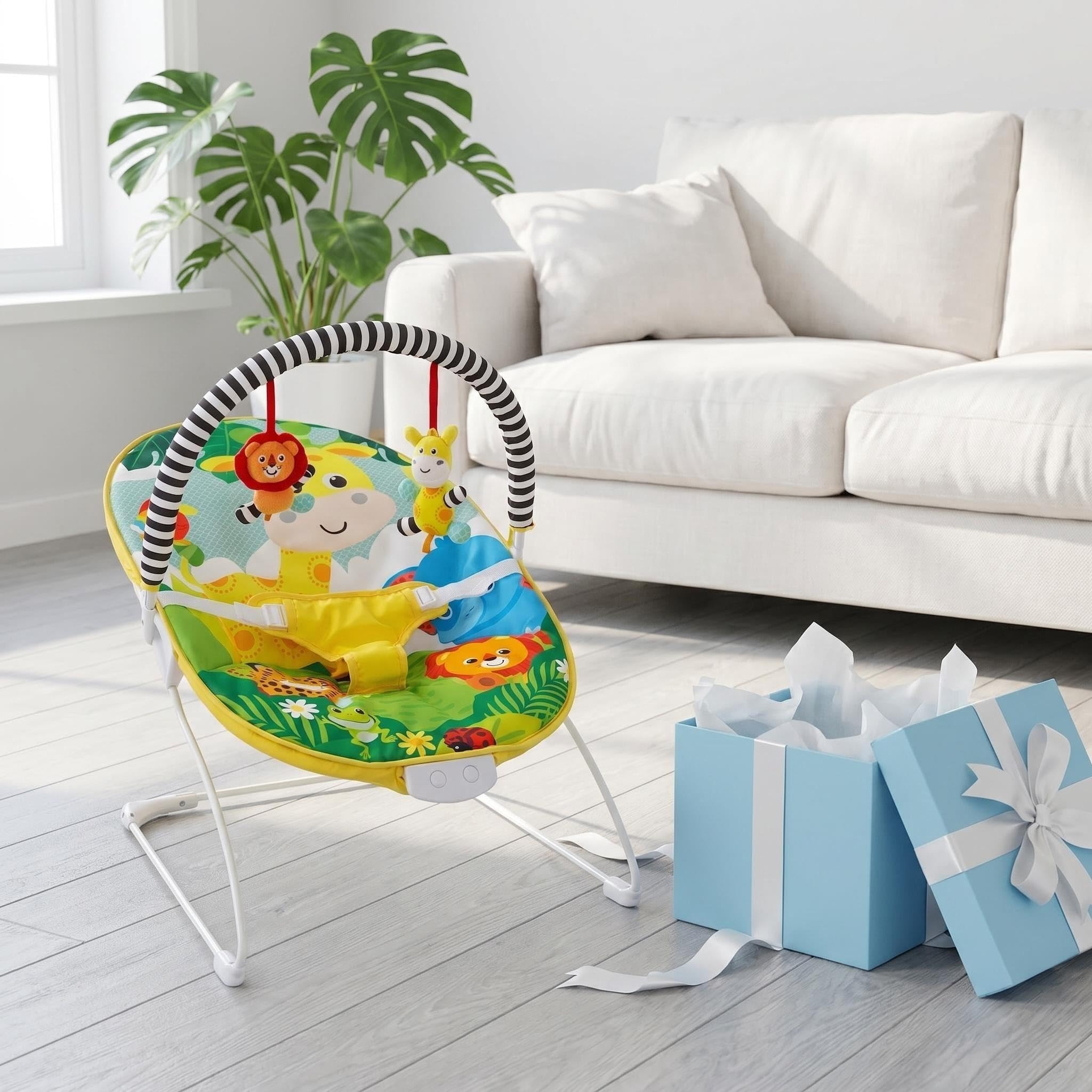 LADIDA Transat pour bébé, thème safari lumineux et coloré, musique apaisante et vibrations pour détendre et divertir