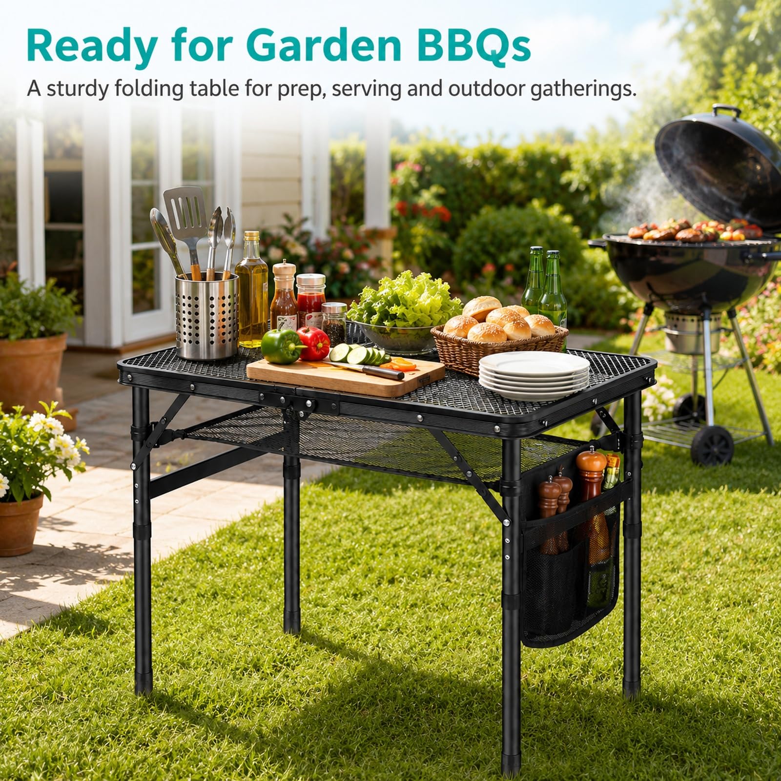 GOOGO Tavolo grill pieghevole da esterno, 60 x 40 x 56 cm, tavolo da campeggio con gambe rialzate e piano a griglia, per BBQ, balcone, picnic e bancarella (nero)