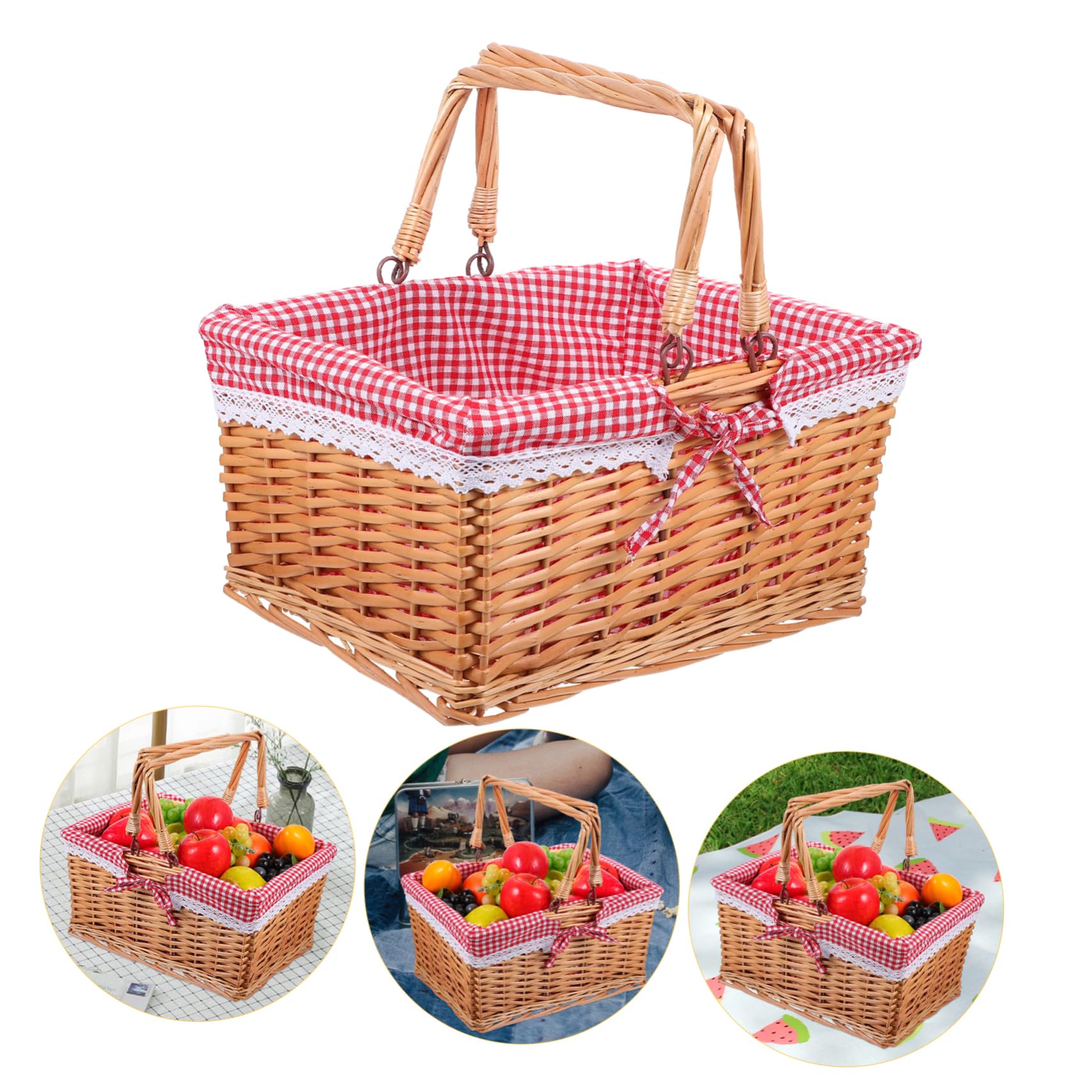 Cabilock Cesta De Mimbre para Almacenamiento Cesta De Picnic con Asas Tejida De Mimbre Forro De Tela