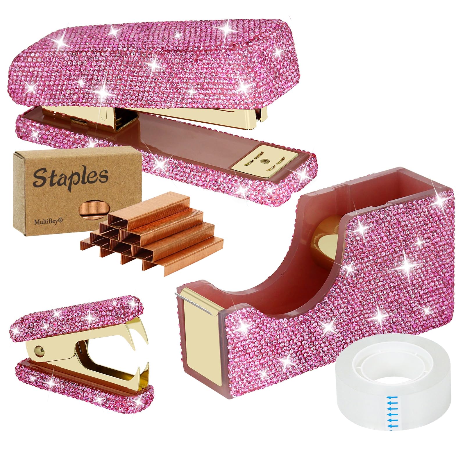MultiBey Bling Schreibtisch-Organizer: Hefter, Klebebandspender, Heftklammerabzieher | 25 Blatt Kapazität Strass Acryl Heftgerät mit 1000 Heftklammern. Sparkling Office Supplies Geschenkset für Frauen (Rosa)