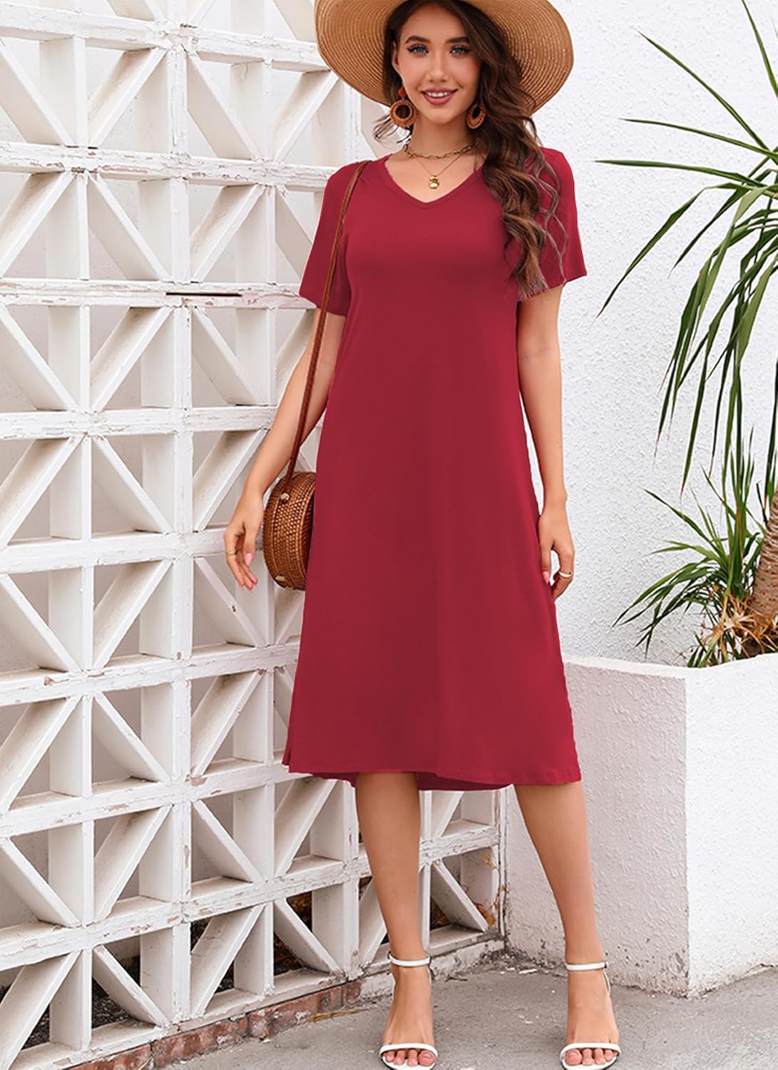 VOBCTY Women's Casual Short Sleeve Tshirt Dress Summer Side Split Loose V Neck Dresses - Image 2