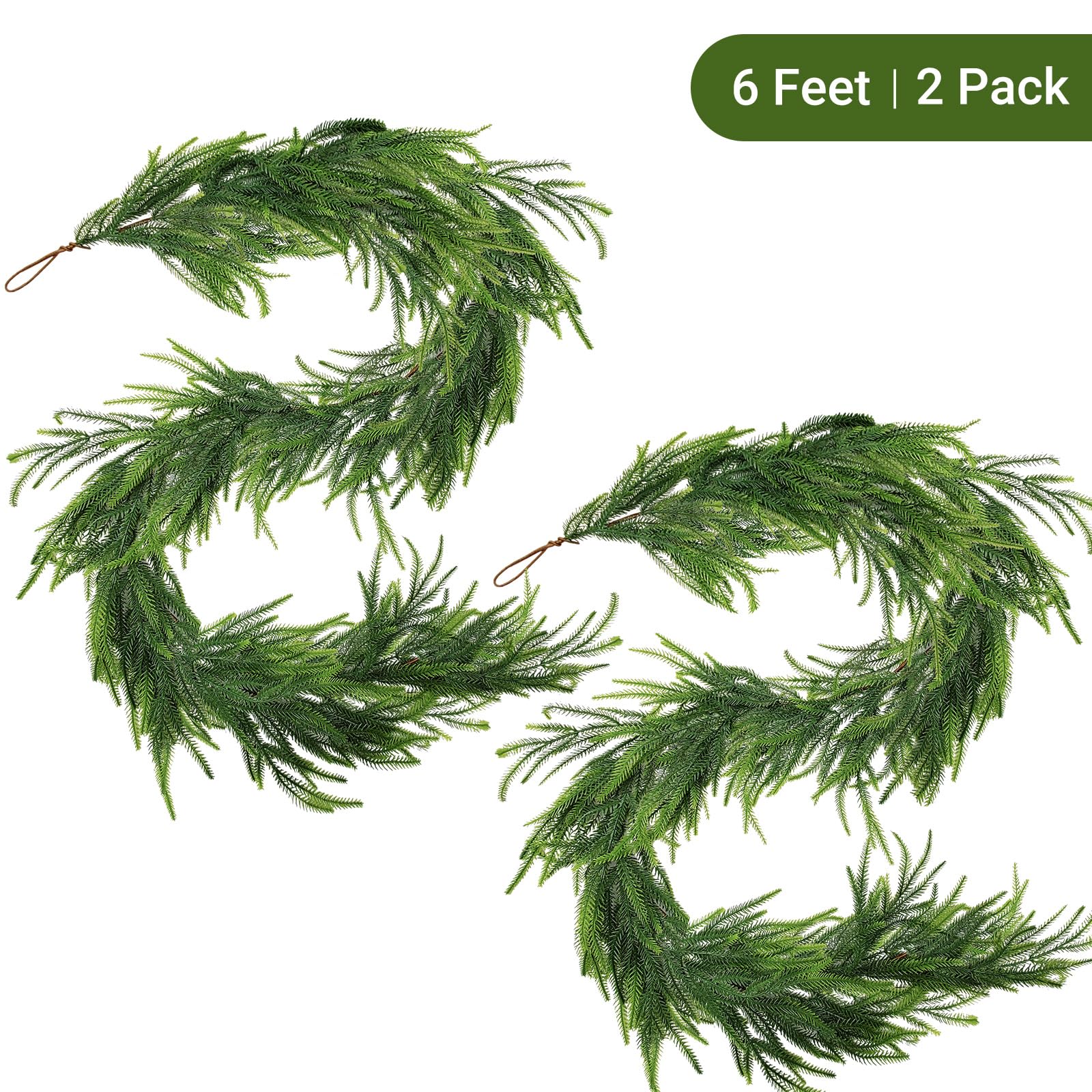 2 Pcs Real Touch Norfolk Pine Garland 6FT Artificial Pine Greenery Garlands Faux Christmas Garland for Holiday Seasonal Indoor Home Decor Mantle