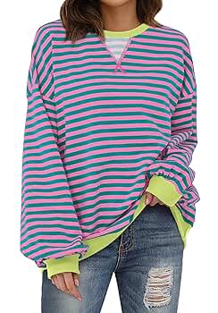 トップス STRIPED WOOL OVERSIZED LONG SLEEVE TEE M Women Harajuku Oversized Stripe Casual Long Sleeves Crewneck