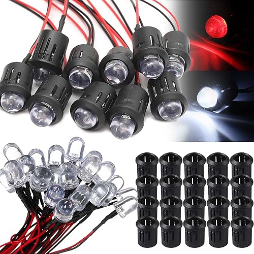 Paquete de 20 (10 blancos + 10 rojos) de 12 V RC para coche, diodos emisores de luz, faros delanteros, bombillas de 0.394 in, ultra brillante,