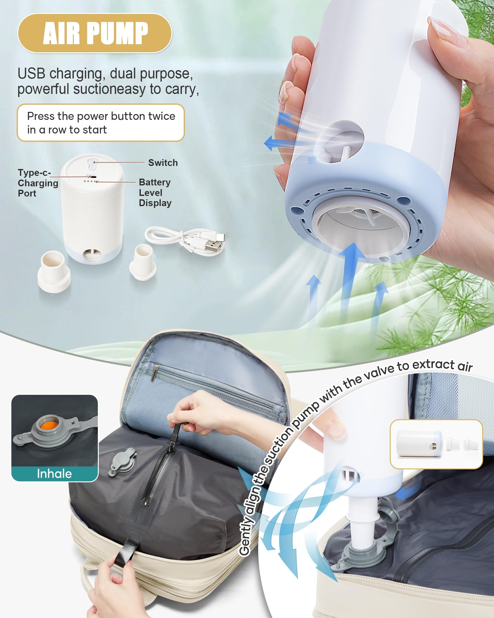 BJLFS Zaino da Viaggio con Sottovuoto Ryanair 40x30x20 Wizzair Bagaglio a mano 40x20x25 Ryanair con Pompa Borse da Cabina per Easyjet 45x36x20 con compressione sottovuoto,Zaino Casual per Laptop