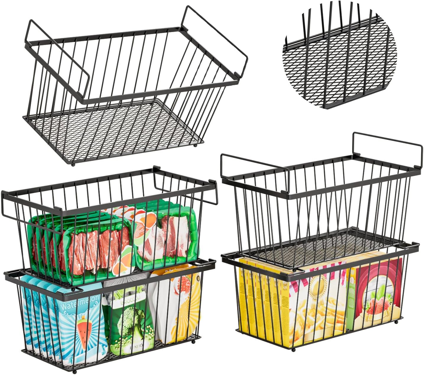 5 Pack Stackable Deep Freezer Organizer Bins ，Upgraded Bottom Leak-Proof net and 4PCS-U-Shaped Stackable Wire Baskets, Suitable for Storage Shelve