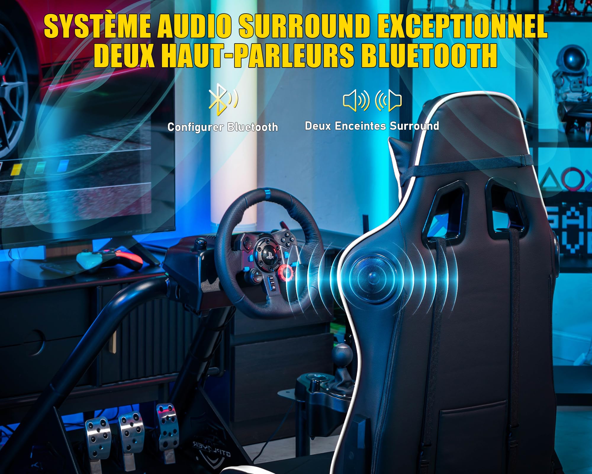 GTPLAYER Simulateur de Conduite, Siège de Simulation pour PC avec Haut-Parleurs, Support pour Volant et Pédalier,Blanc