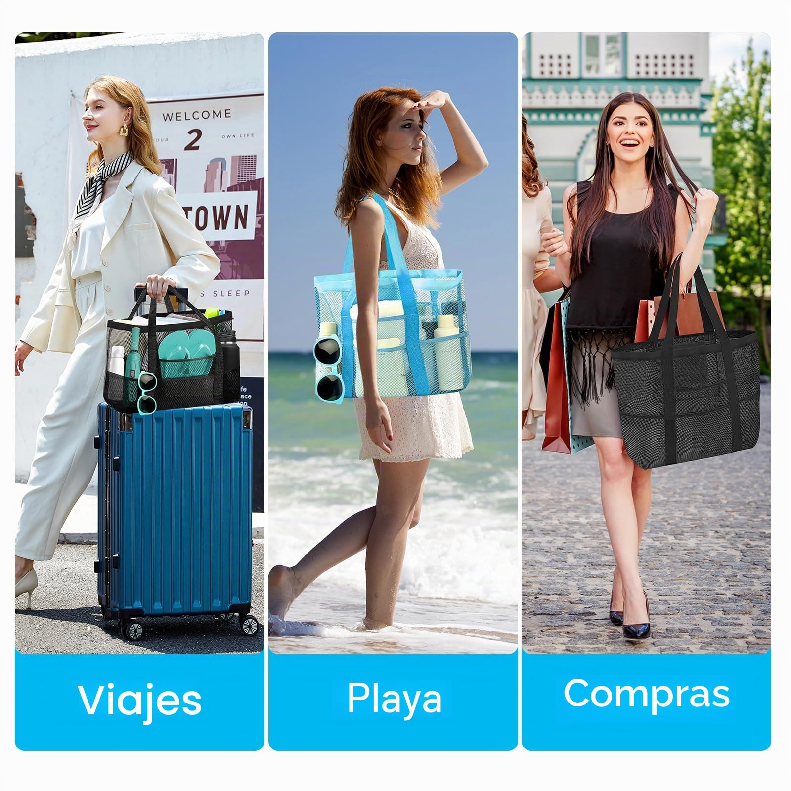 2 bolsas grandes de playa para mujer con cremallera, 8 bolsillos, bolsa de baño, reutilizable, para viajes, playa, compras, picnic y uso diario (negro + azul), negro y azul.