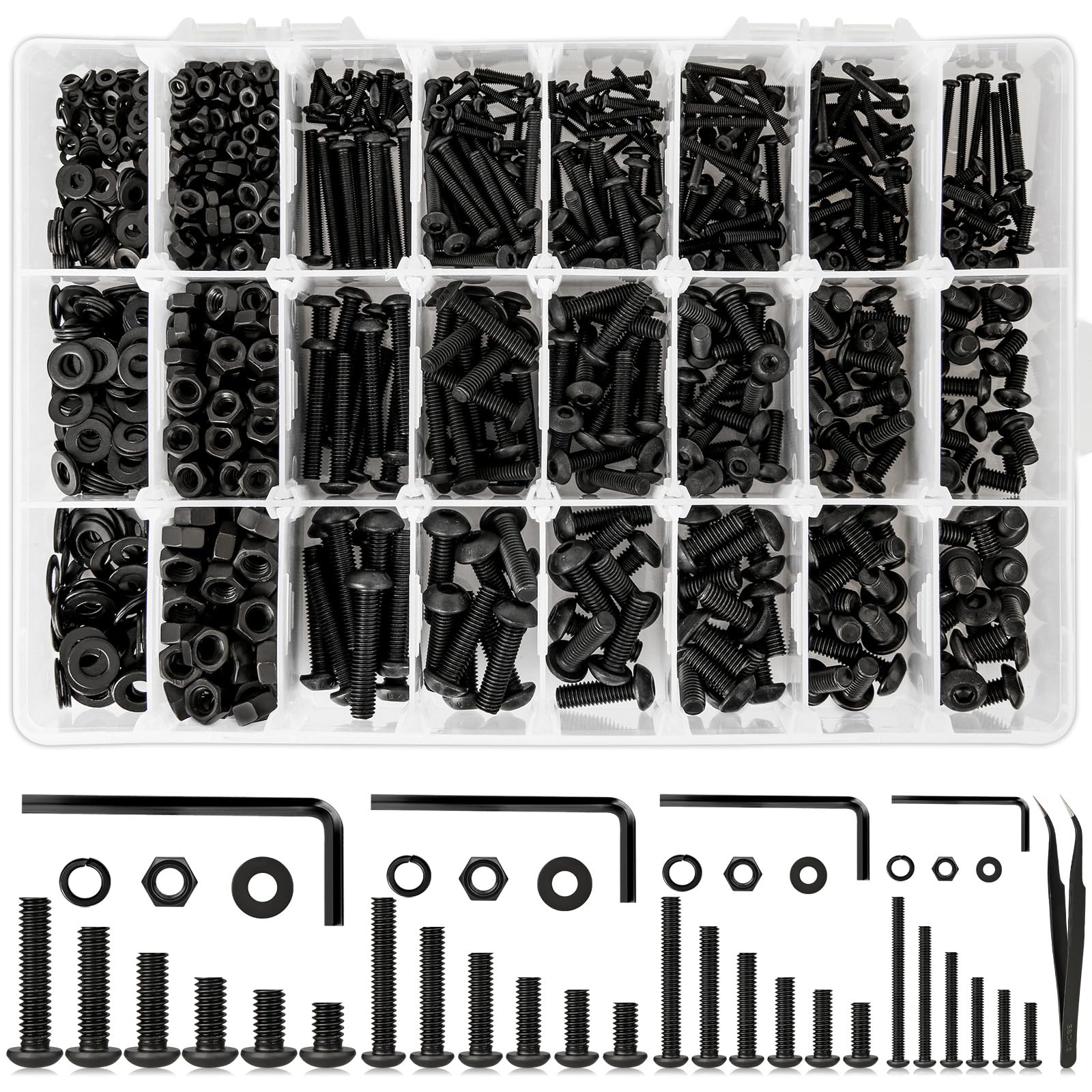 K Kwokker 1255Pcs 24 Sizes M2 M3 M4 M5 Hex Button Head Cap Screw Bolts and Nuts Kit, 10.9 Alloy Steel Nuts and Bolts Assortment Kit Black Metric Machine Screws 8mm 10mm 12mm 16mm 20mm 25mm