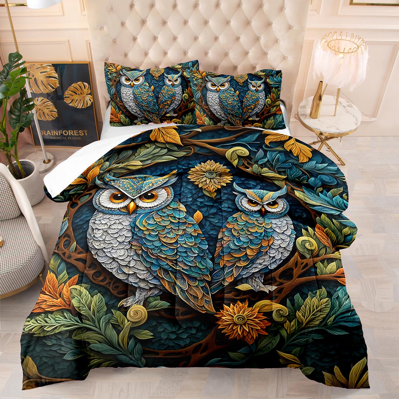 Single Duvet Leaf Owl 3D Printed All-Season Down Alternative Quilted Duvet,90G Microfibre Coverless Duvets 200Gsm Microfiber Filling,Includes 1 Comforter, 2 Pillow Shams