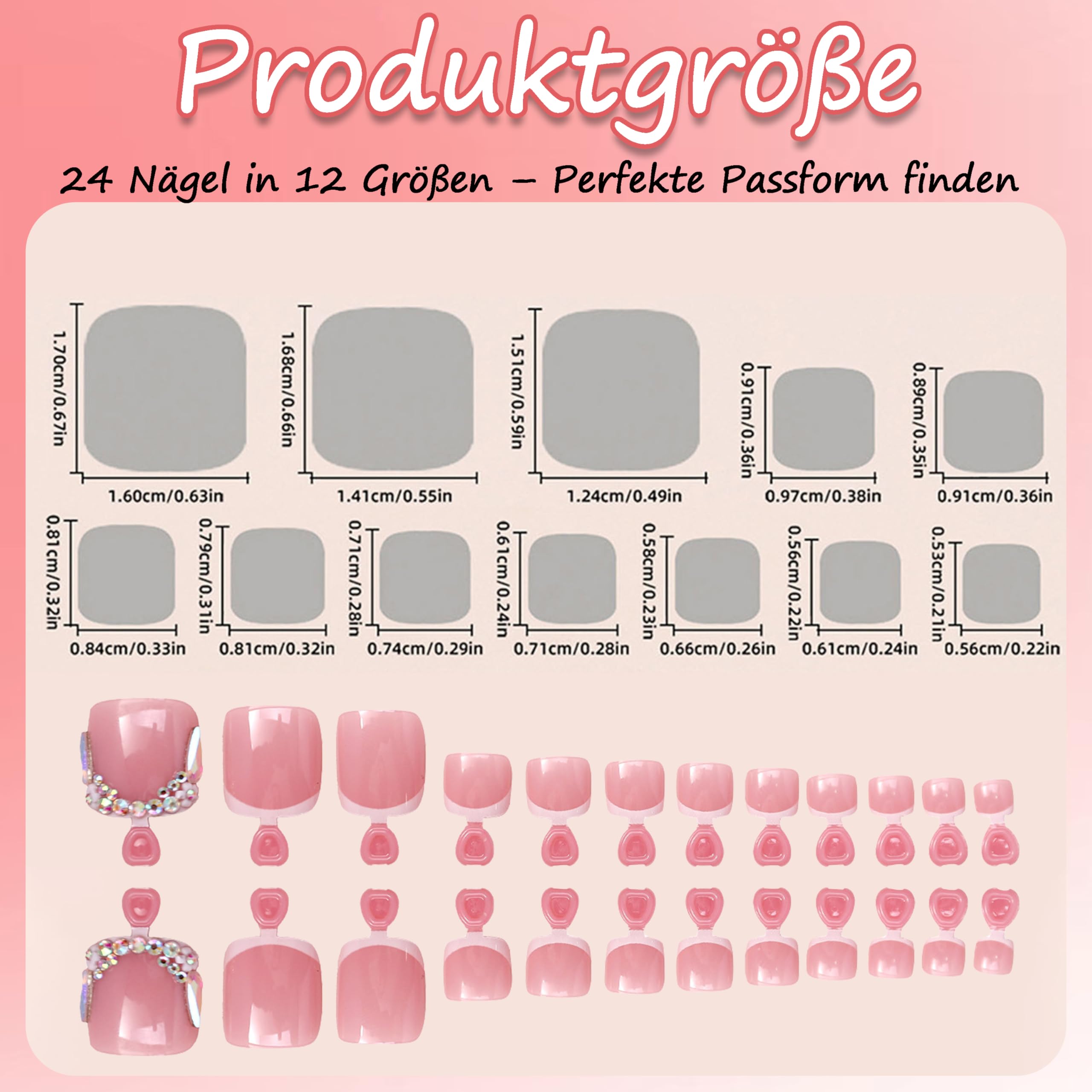 24 sztuki francuskich paznokci do pedicure, brokatowe, krótkie, kwadratowe, francuskie paznokcie, całkowicie zakrywające końcówki paznokci, dla kobiet, 12 rozmiarów (białe paznokcie)