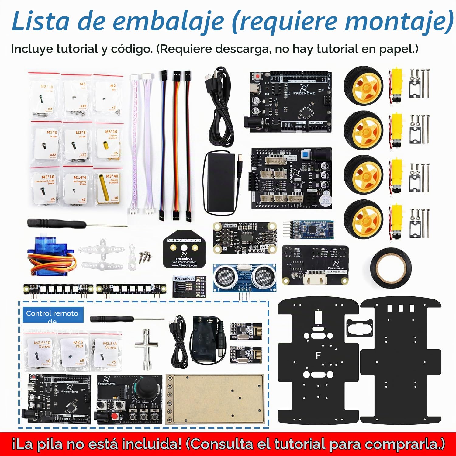 Freenove 4WD Car Kit with Remote (Compatible with Arduino IDE), Line Tracking, Obstacle Avoidance, Ultrasonic Sensor, Wireless Control Motor Servo