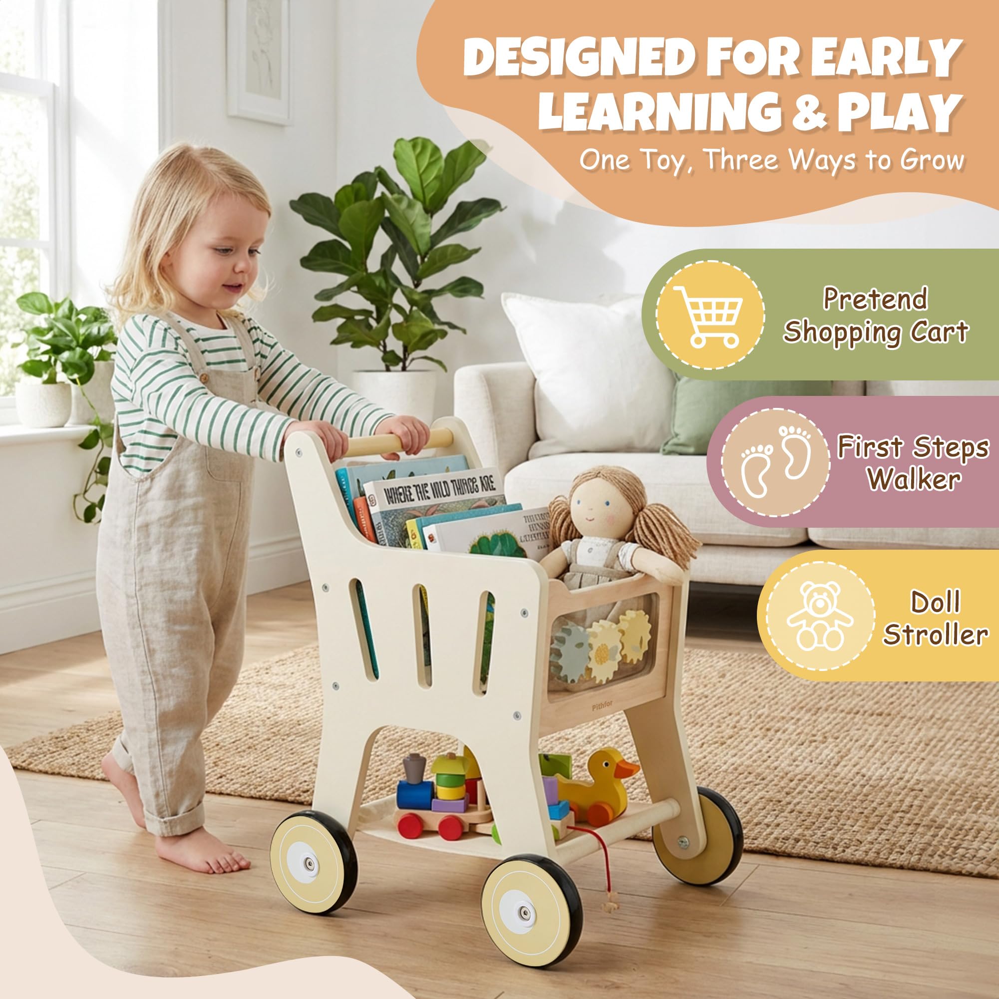 Pithfor Holz-Einkaufswagen für Kinder, 3-in-1 Holz-Baby-Push-Walker, Baby-Puppen-Kinderwagen, Spielzeug-Einkaufswagen für Kleinkinder 1-3