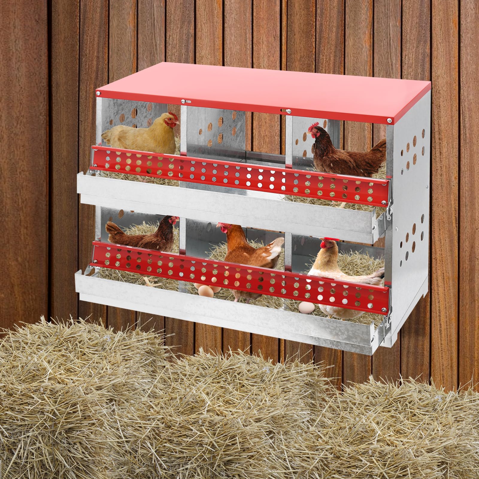 Nest per galline a 6 scomparti, in metallo, con nido arrotolabile e posatoi, accessorio per la raccolta delle uova, autoportante per gallina e anatra, 84 x 42 x 62 cm