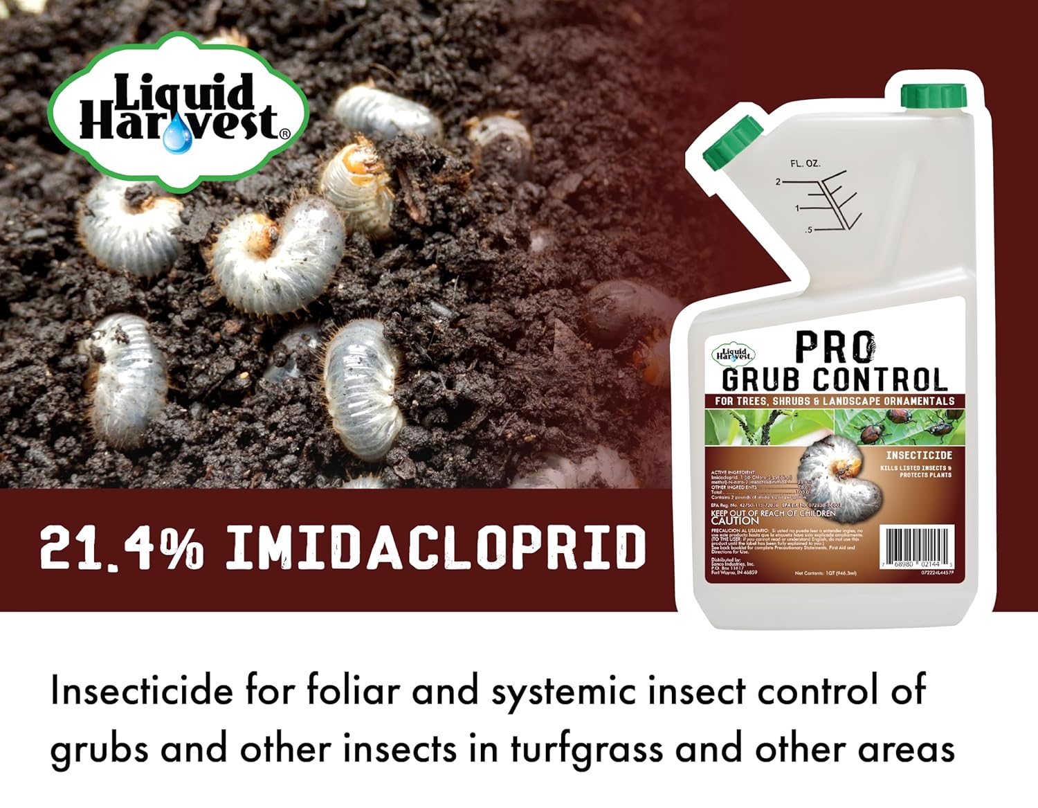 Pro Grub Control – 32oz - Concentrated Imidacloprid (21.4%) Insecticide for Trees, Shrubs & Landscape Ornamentals – Controls Aphids, Japanese Beetles, Weevils, Grub Larvae & More