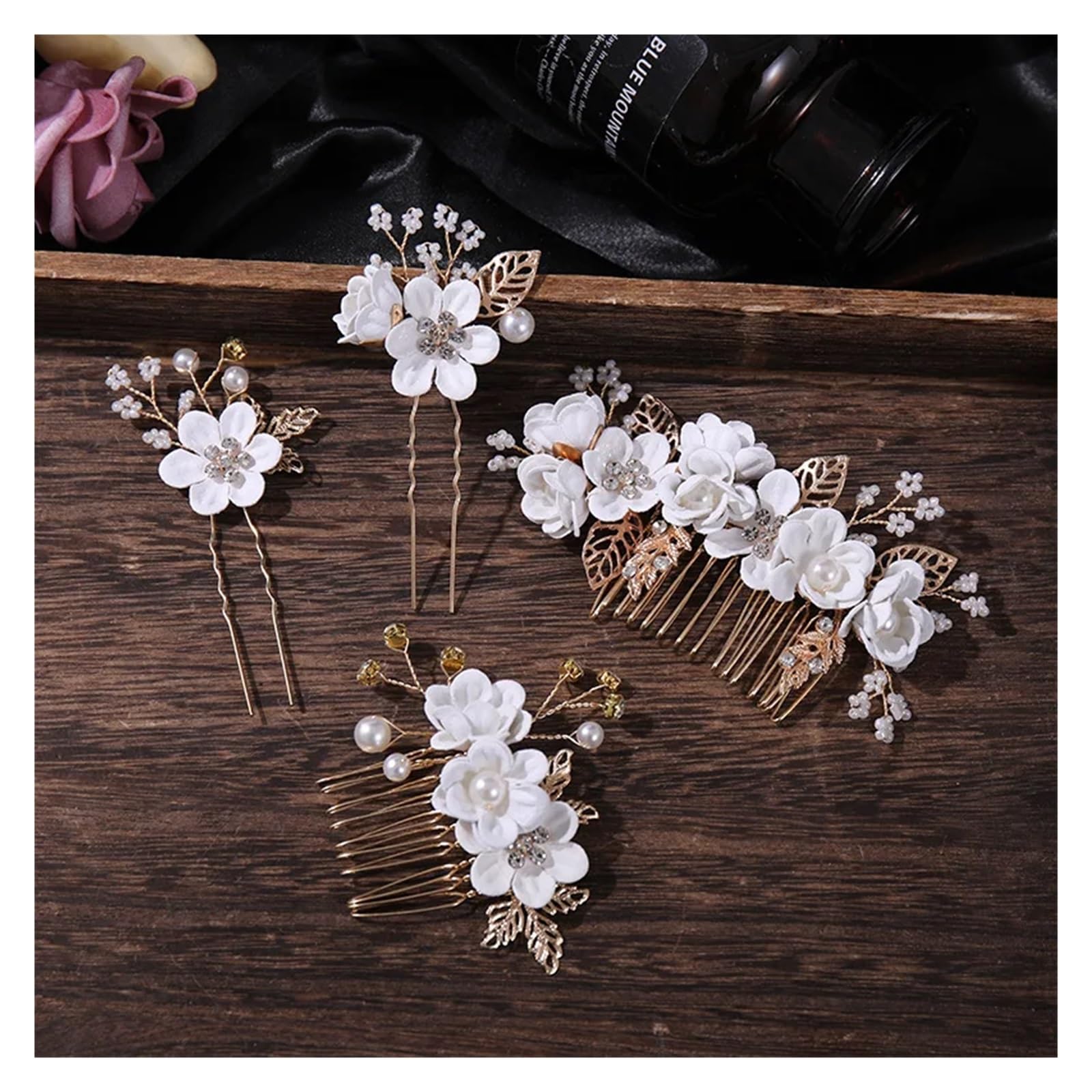 Forcina Cinese Set di 4 pettini for capelli con fiori cristallo e forcine for, perle strass, set gioielli da sposa, accessori for nozze(Pink)