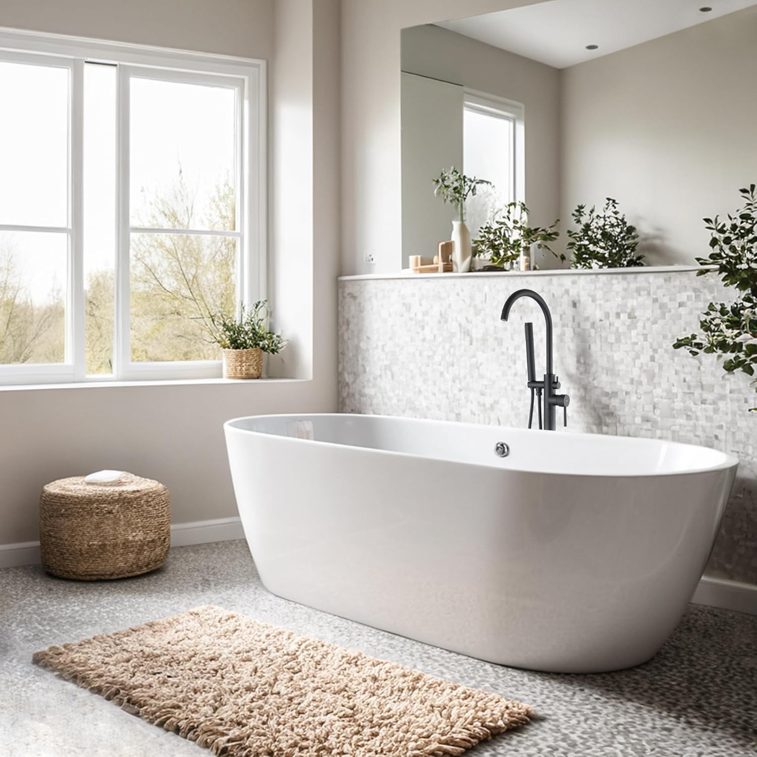 FRANSITON Freestanding Bathtub Faucet Matte Black Tub Filler Floor Mount Free Standing Metal Bathroom Faucets,Swivel Gooseneck Spout with Cylinder Handheld