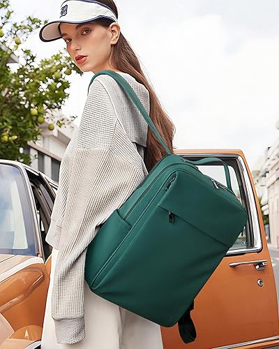 Miniatura 2 de MASINTOR Mochila para portátil de piel sintética de 15.6 pulgadas para mujer, mochila casual grande para universidad, bolsa de viaje, Verde retro,