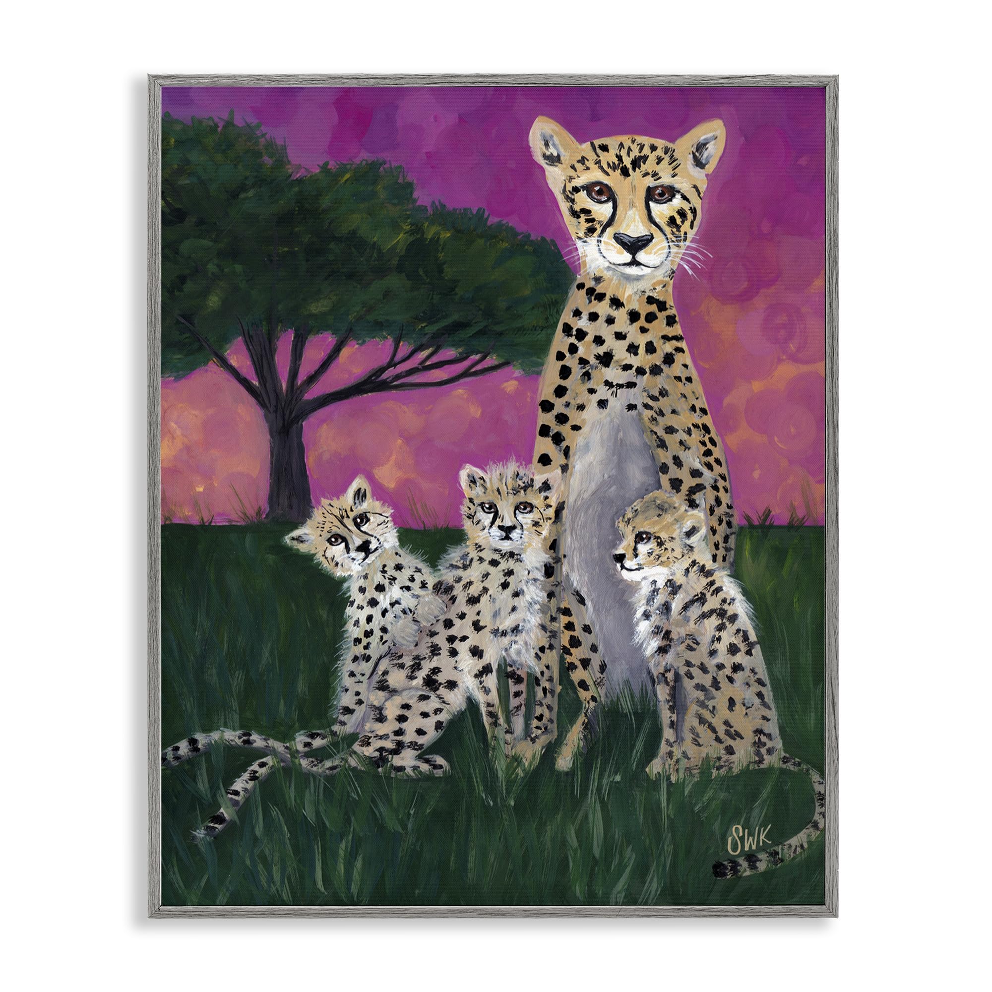 Stupell Industries Farmhouse Gray (Textured) Mama Cheetah And Cubs Safari Nursery, 16 X 20 Inch Framed Giclée Print