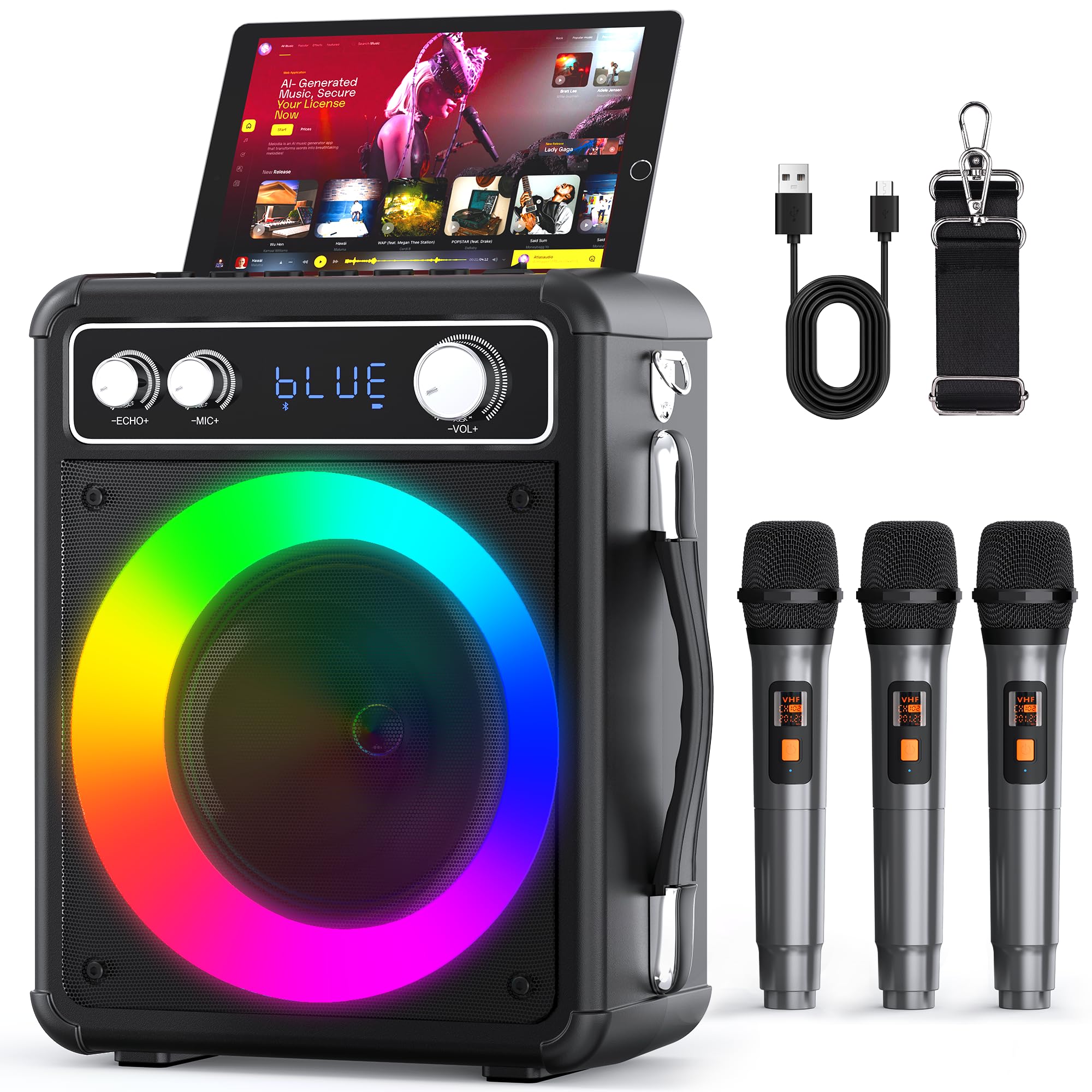 Photo 1 of VOSOCO Karaoke Machine with 3 Wireless Rechargeable Microphones, Portable Bluetooth Speaker for Adults Kids, PA Systems Support TWS Echo Adjust TF USB AUX for Home Party Outdoor Travel