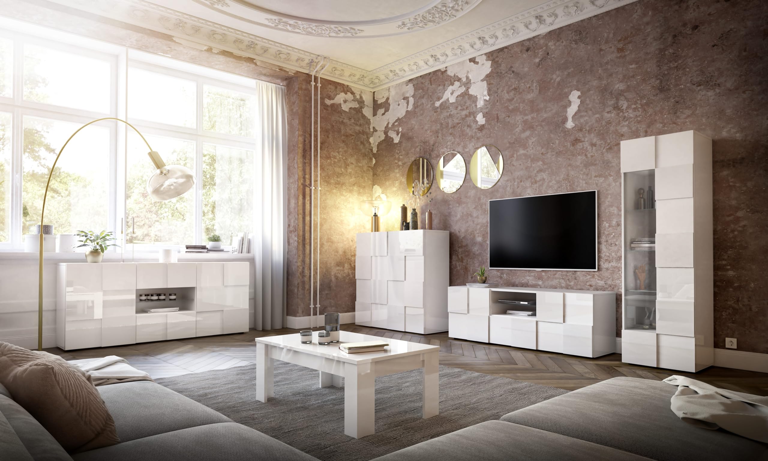 Web Convenienza Base TV con Ante Made in Italy – Credenza Contenitore Collezione Dama per Soggiorno Cucina Ingresso Sala da Pranzo Mobile Design Moderno 2 Ante e 1 cassetto, Bianco Lucido