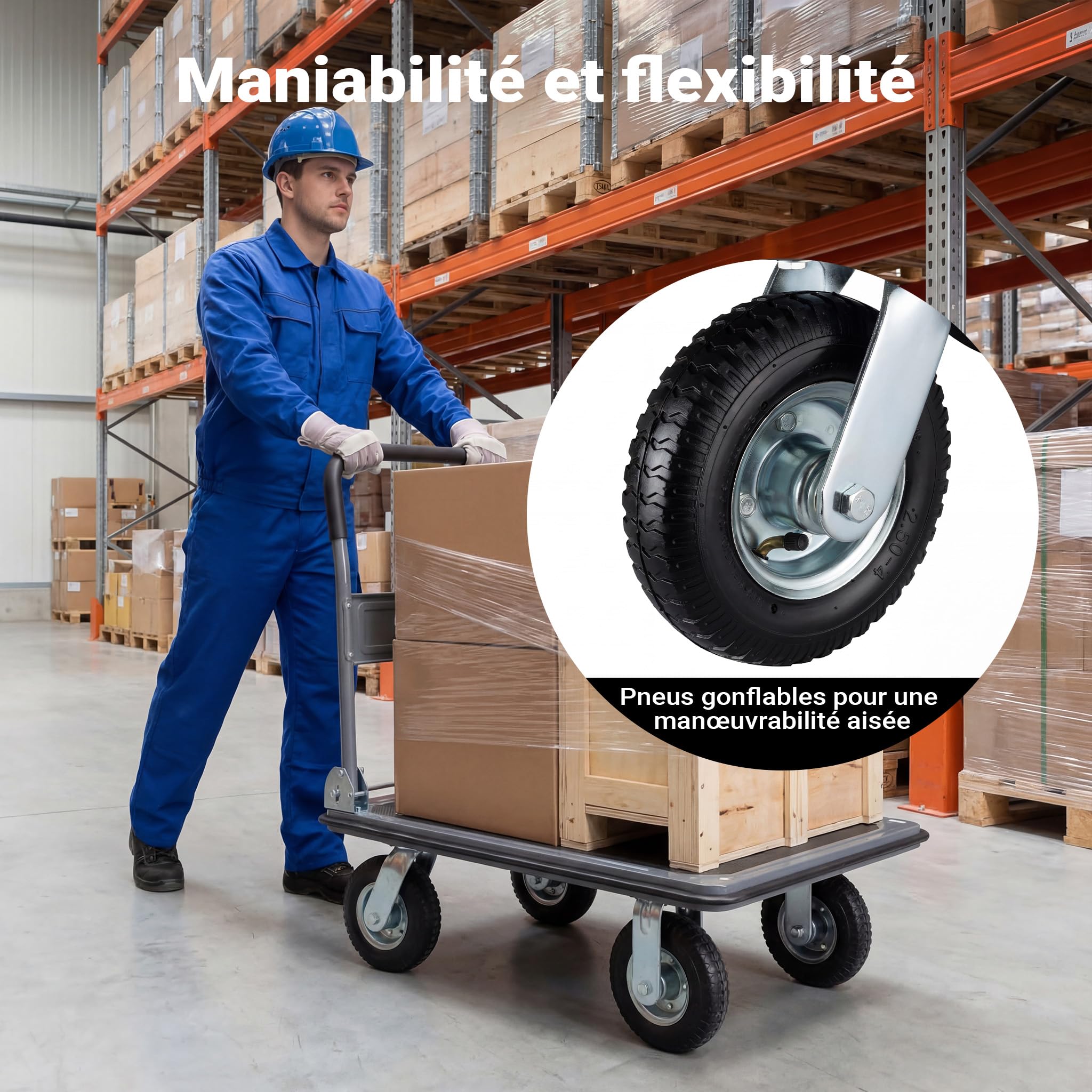 Chariot à Plate-Forme 300kg Max 4 Roues Poignée Rabattable Protection Bordure Surface antidérapante