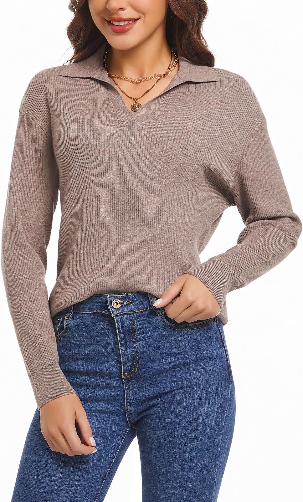 Women's Long Sleeve Knitted Pullover Sweaters Collared V-Neck Polo Shirts Tops