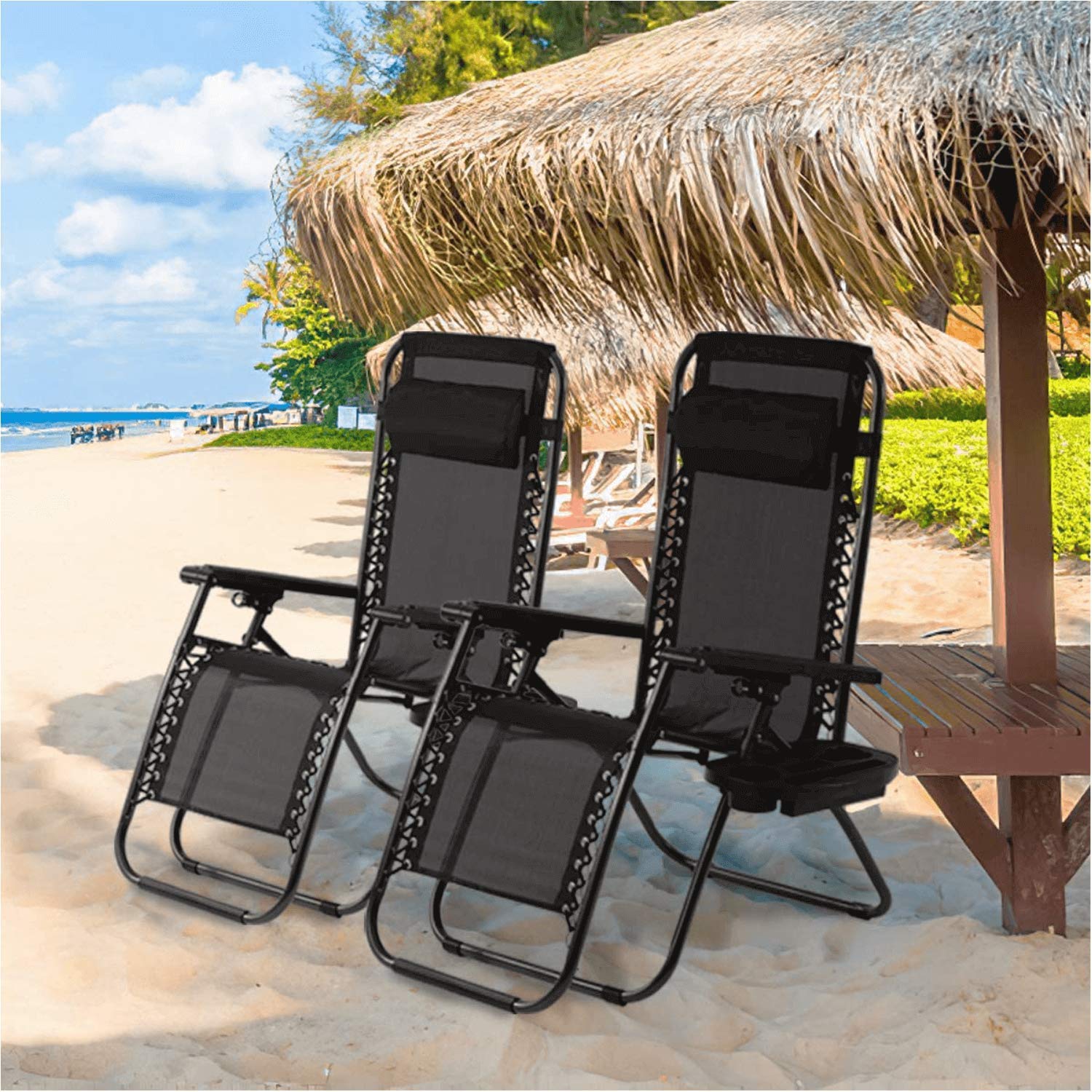 Zero Gravity Lounge Chair 2 Pack, Portable Folding Outdoor Patio Recliner Chair Headrest Pillows & Cup Holder Tray, 250lbs Anti-Gravity Adjustable