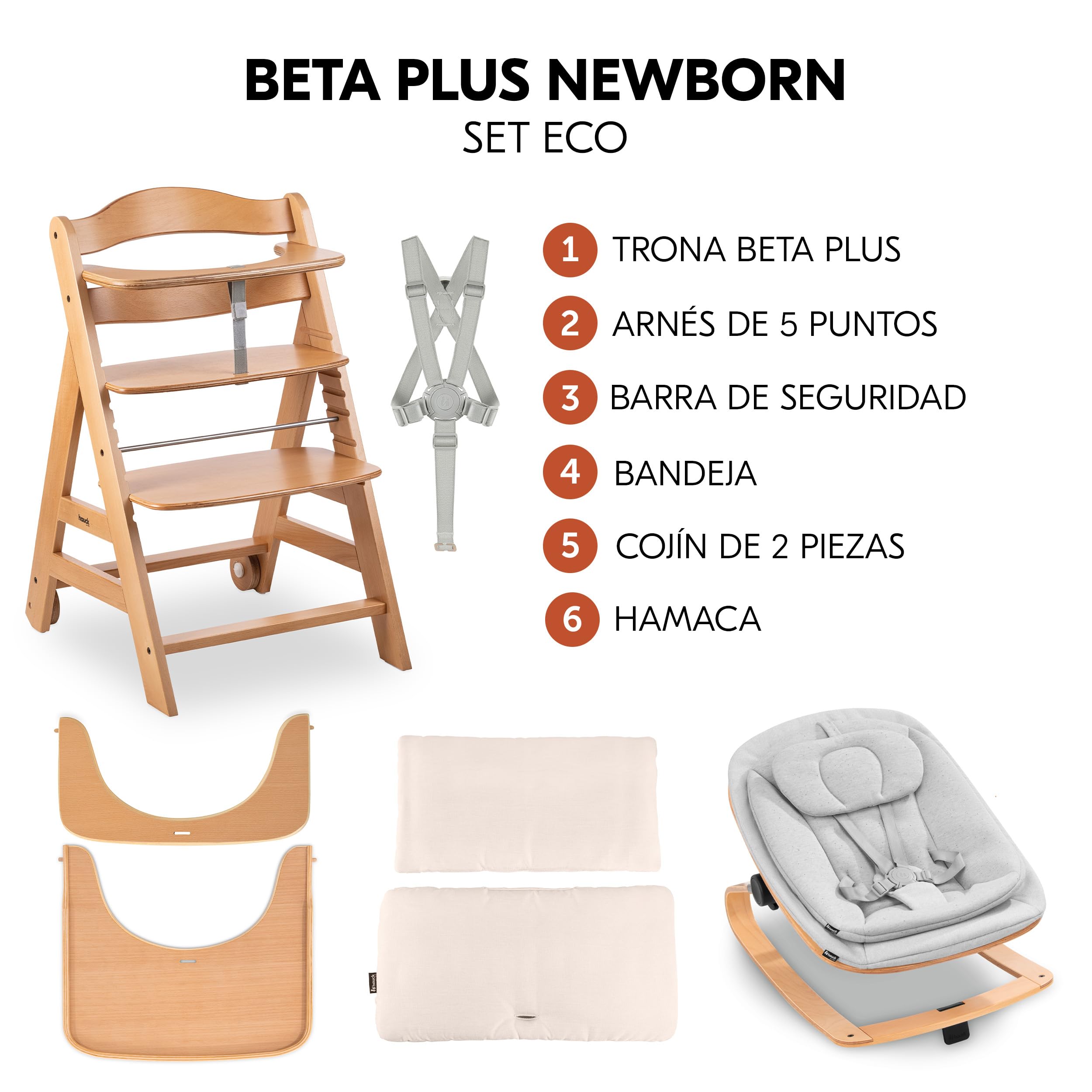hauck Beta Plus Newborn Set Eco Bouncer Trona de Madera para Bebé desde el Nacimiento - Sillas Tronas para Niños con Hamaca Recién Nacidos Cojín y Bandeja - Natural