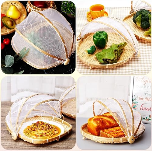 Miniatura 7 de 2 piezas cubiertas de bambú para servir alimentos para tienda de campaña al aire libre con cesta de almacenamiento de pan de gasa, cuenco de frutas