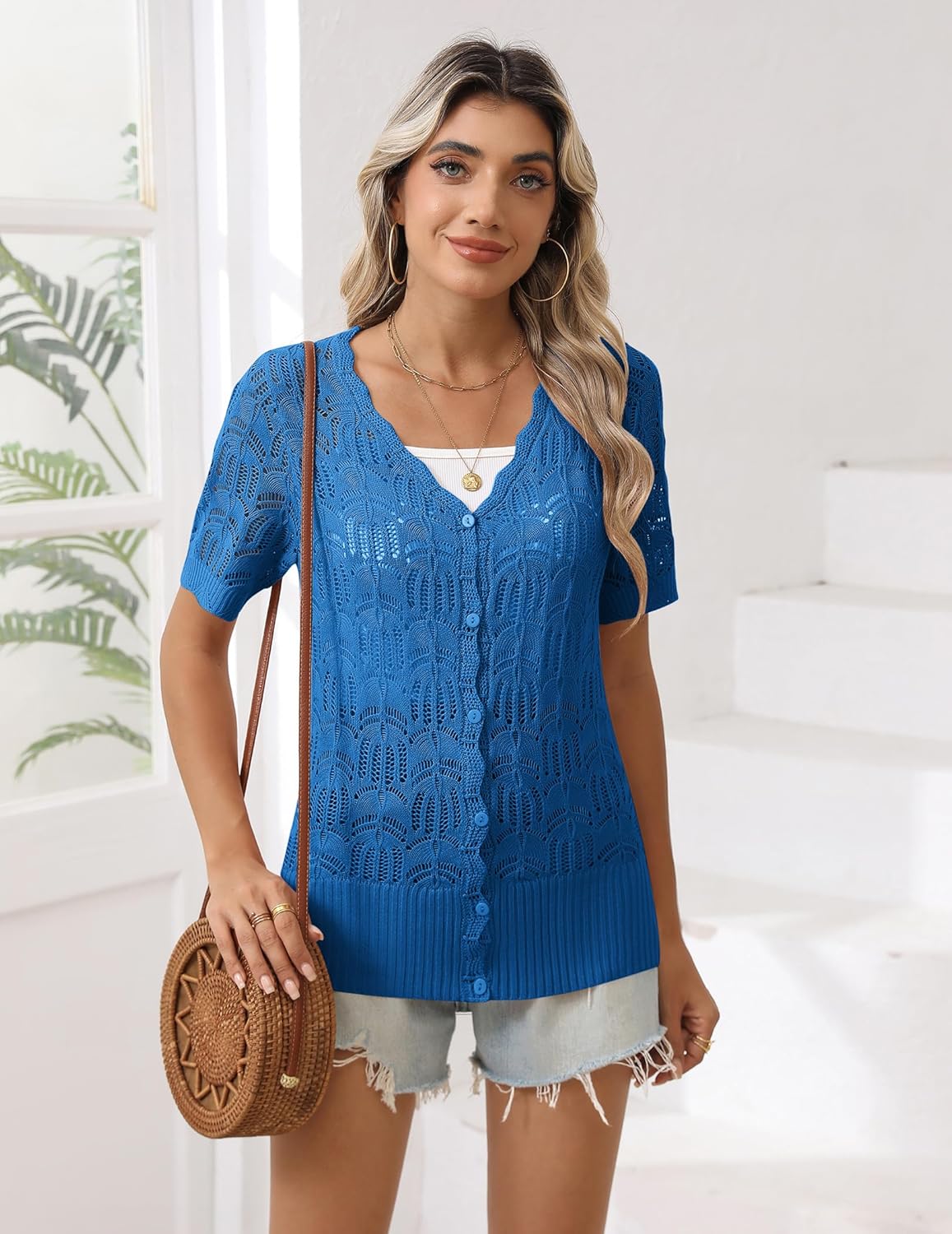 Zeagoo Women's Short Sleeve Summer Cardigan V-Neck Button up Lightweight Hollow Out Sweater Cardigans Shrug - Image 3