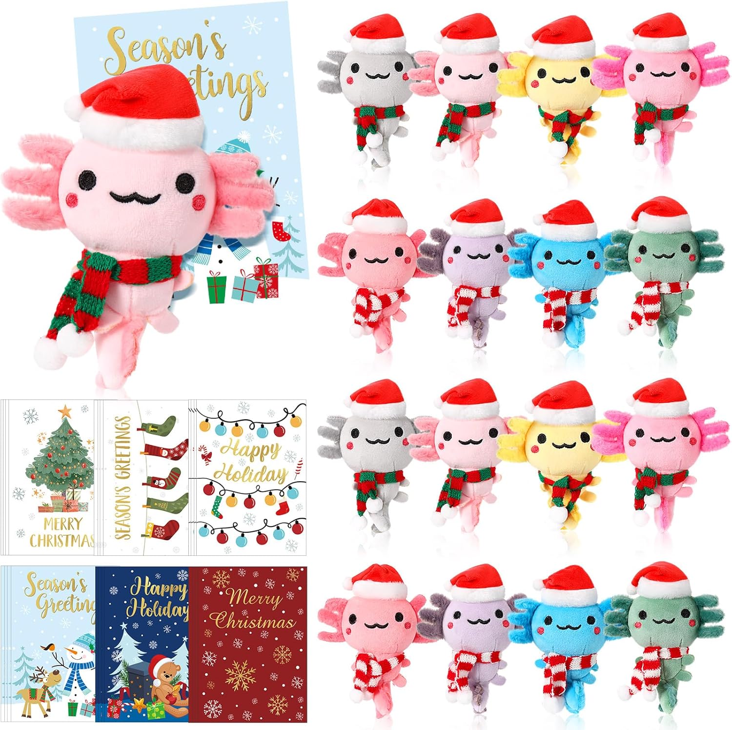 HyDren 40 Pcs Christmas Axolotl Gift Bulk 16 Sets 4-inch Mini Axolotl Ornament Plush Toys with 24 Greeting Cards Cute Stuffed Salamander for Xmas Gifts Holiday Decors Classroom Exchange Party Favors