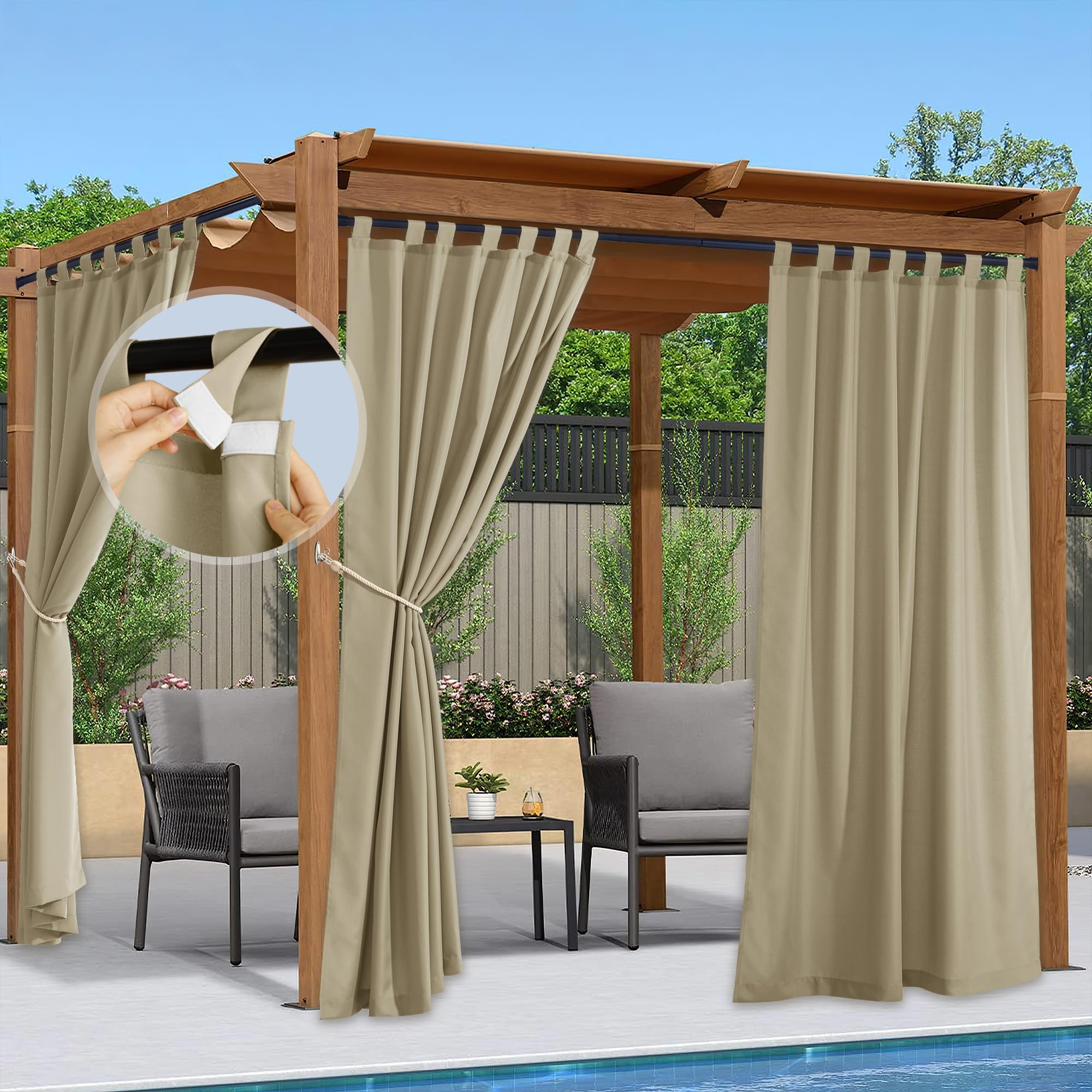 PONY DANCE Outdoorvorhänge mit Klett-Schlaufen Outdoor Vorhang Wasserdicht Sonnenschutz & Sichtschutz Gardinen für Pavillon & Terrasse Schlaufenschal 2er Set H 213 x B 140 cm, Taupe