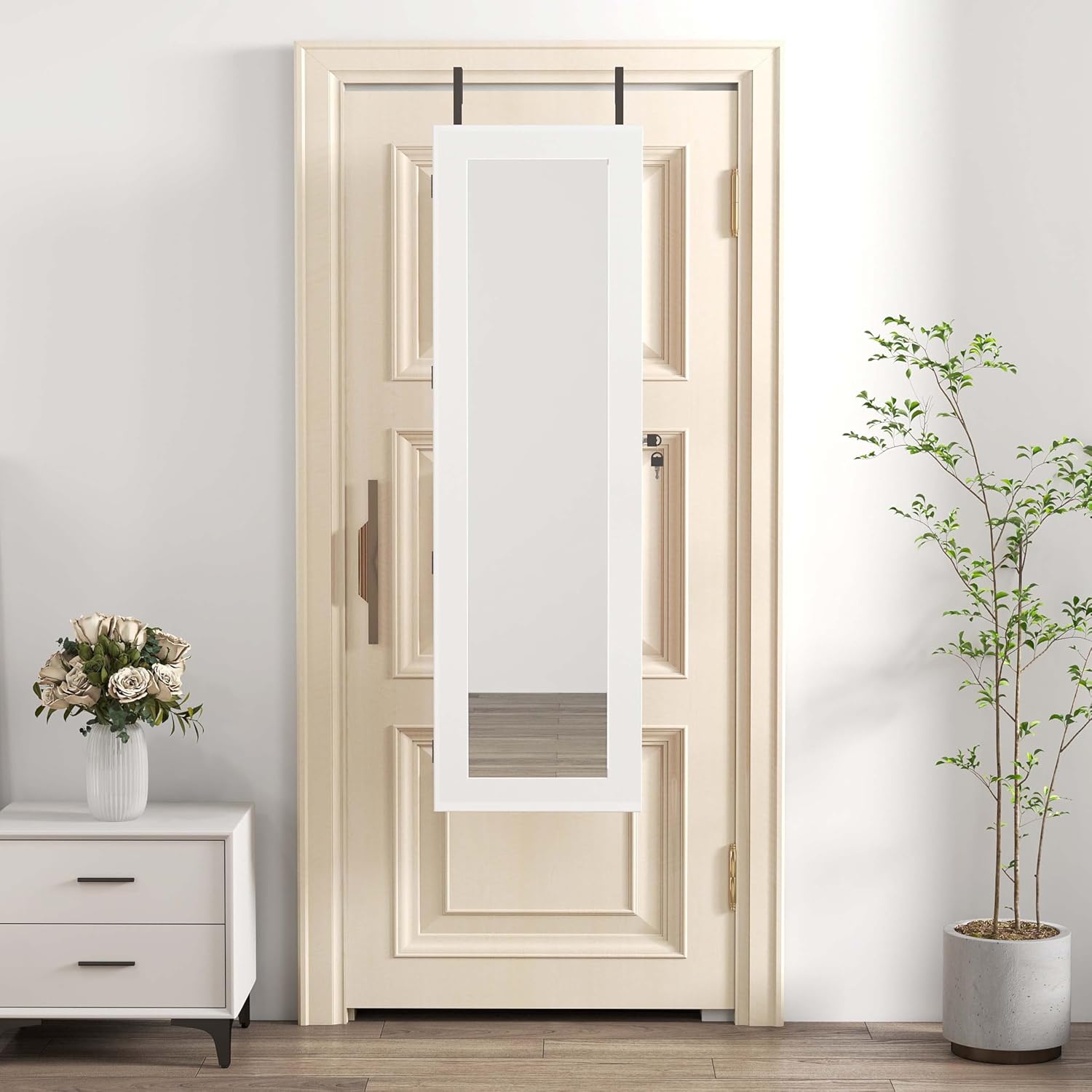 HRVEOCEI Over the Door Mirror with Storage & Led Light, Mirror Jewelry Cabinet Door Hanging with Wall-Mounted Lockable, Jewelry Mirrors Organizer Full Length with Shelves, Solid Wood (White)