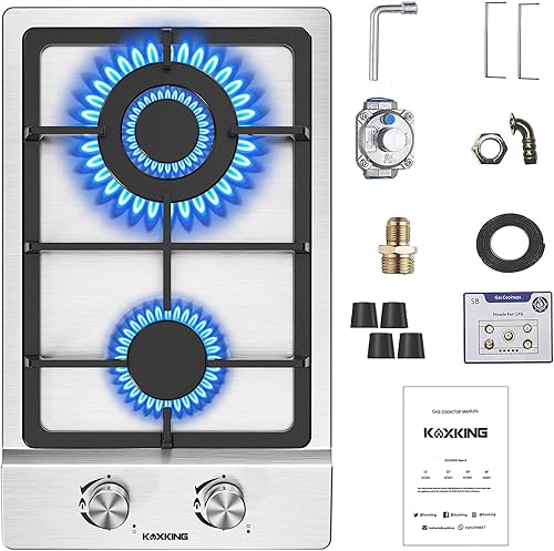 12 Inch Gas Cooktop, 2 Burner Gas Stove Top, Drop-in Stainless Steel Dual Fuel (NG/LPG) Convertible, Thermocouple Protection for RV, Apartments &