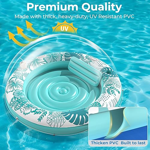Miniatura 6 de Inflatable Tanning Pool Lounger Float with Protection Tarp, 75" x 75" Pool Floats Adult with Pillow, 6 in 1 Suntan Tub Raft Floatie, Sunbathing