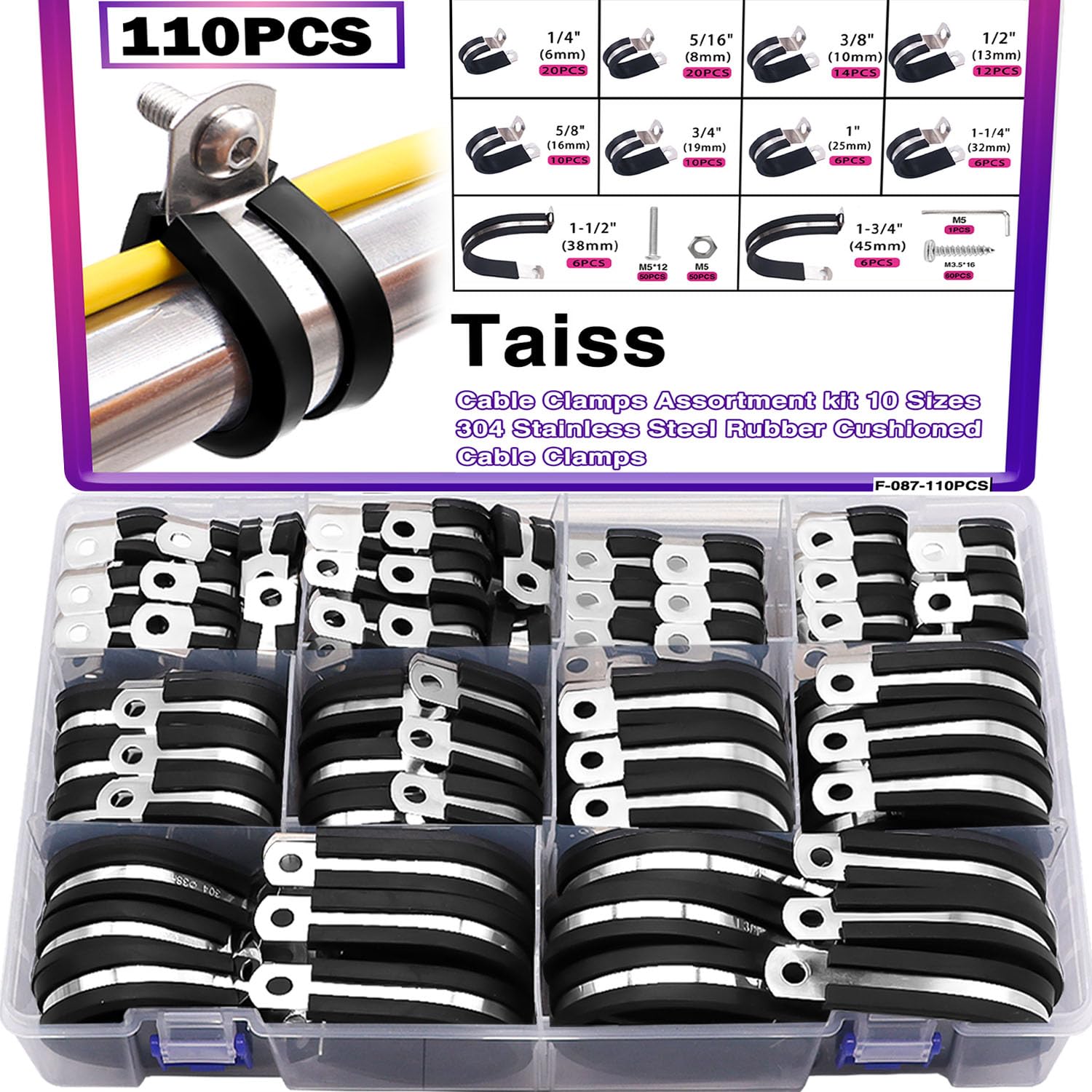 Taiss270PCS Cable Clamps Assortment Kit,304 Stainless Steel Rubber Cushion Insulated Wire Pipe Clamps,10 Sizes 1/4" 5/16" 3/8" 1/2" 5/8" 3/4" 1" 1-1/4" 1-1/2" 1-3/4" Loop Clamps With screws