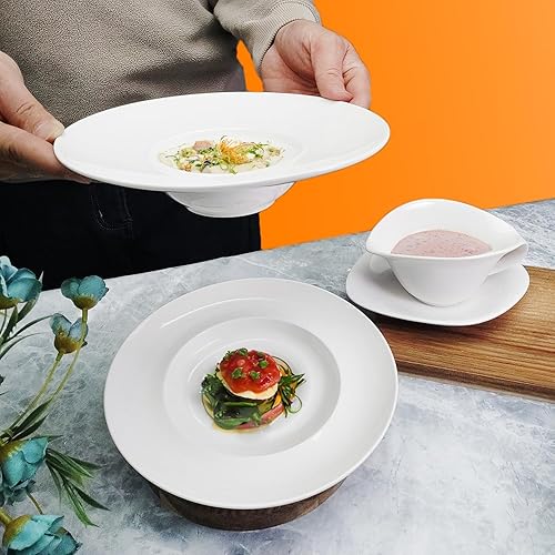 Miniatura 4 de Cuencos de sopa con borde de cerámica de 5.1 onzas, blanco de 8.5 pulgadas, exquisito plato de sopa pequeño, juego de 4, platos de pasta con borde